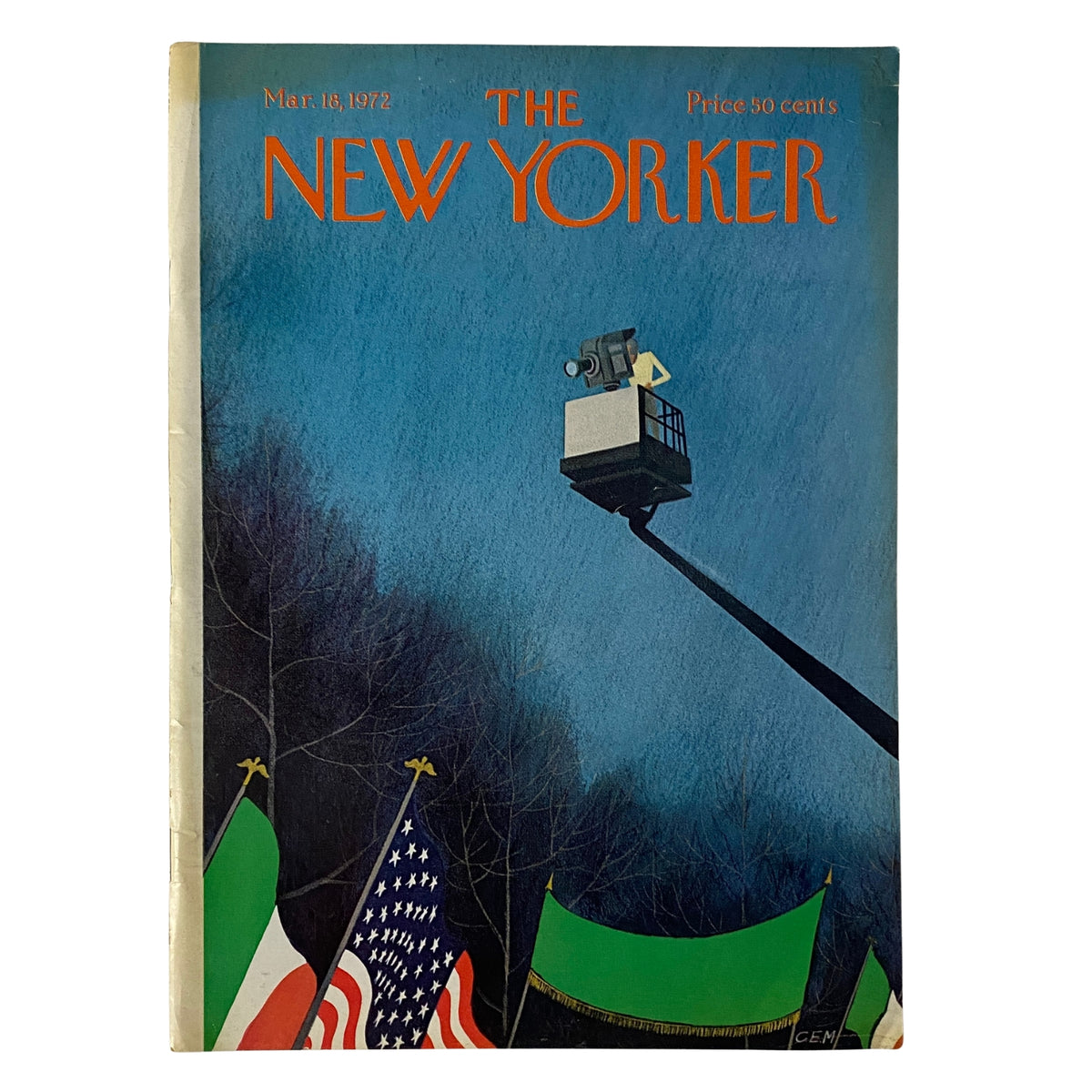 Cover of The New Yorker Full Magazine March 18, 1972 featuring a unique illustration by Charles E. Martin, depicting a scene with a camera on a tower against a blue background, reflecting the magazine's artistic style.