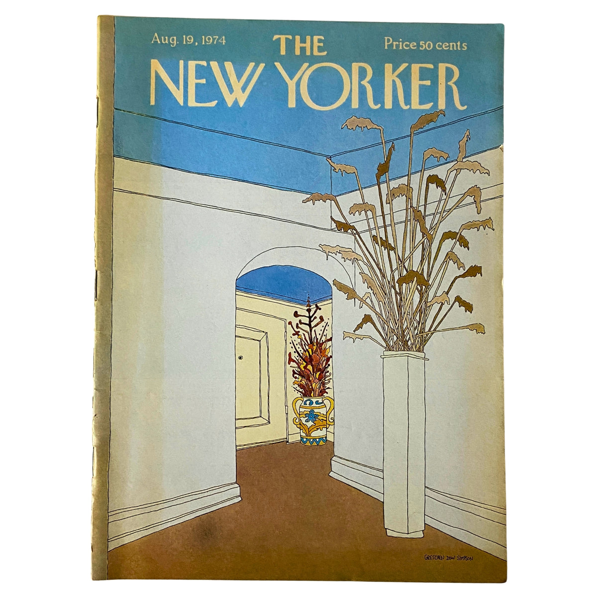 Cover of The New Yorker magazine dated August 19, 1974 featuring a serene illustration by Gretchen Dow Simpson, showcasing architectural elements and decorative plants.