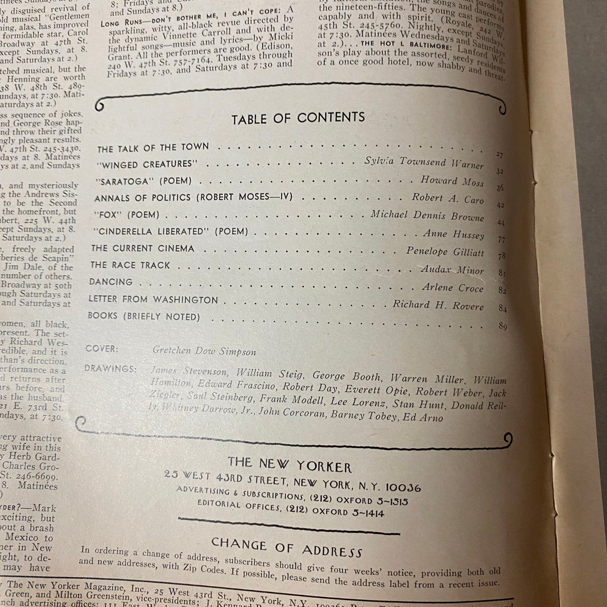 Table of contents from The New Yorker magazine August 19, 1974, listing notable contributions including works by Sylvia Townsend Warner, Robert A. Caro, and poems by Howard Moss and Michael Dennis Browne.