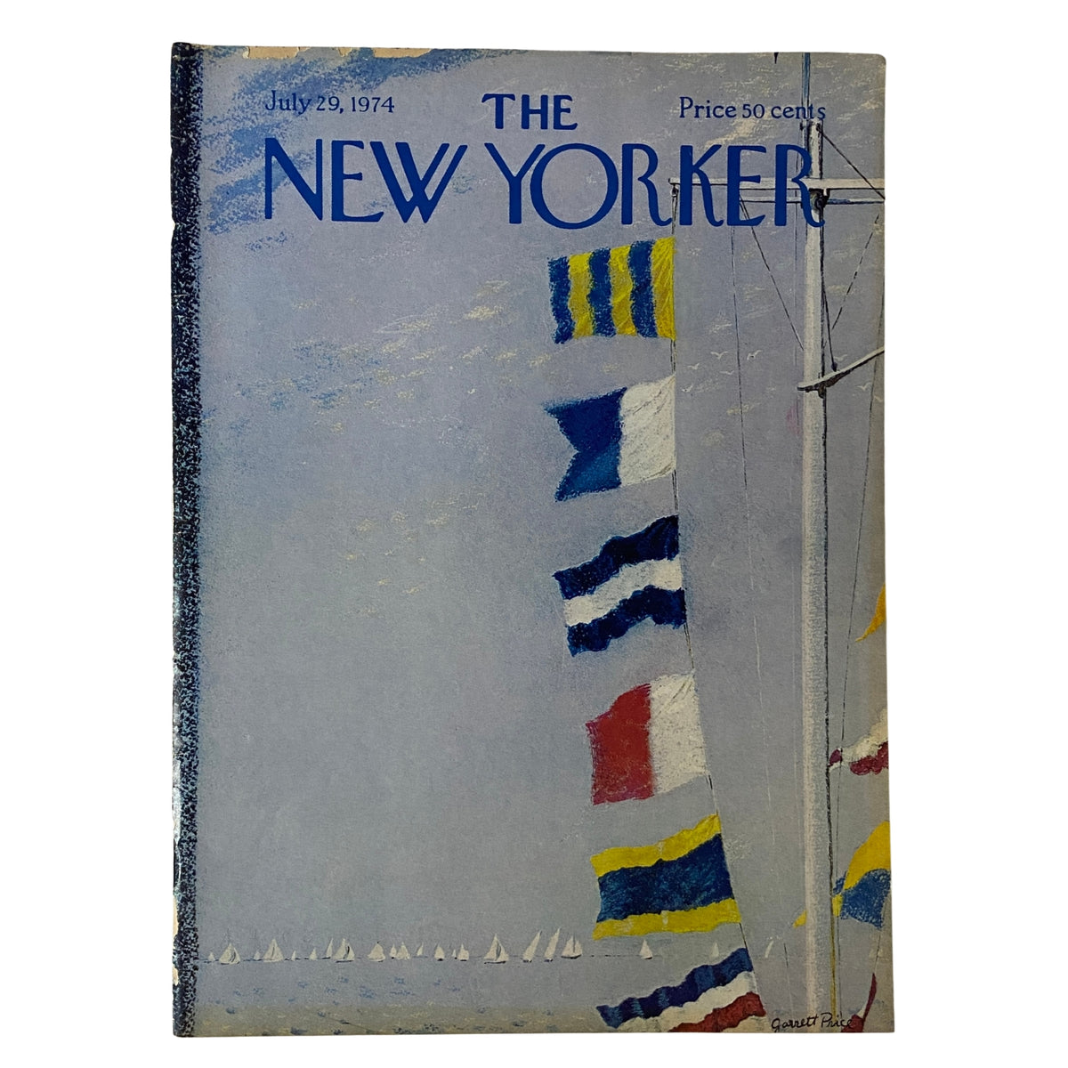 Cover of The New Yorker magazine from July 29, 1974 featuring a stunning illustration by Garrett Price, showcasing colorful flags and maritime elements.