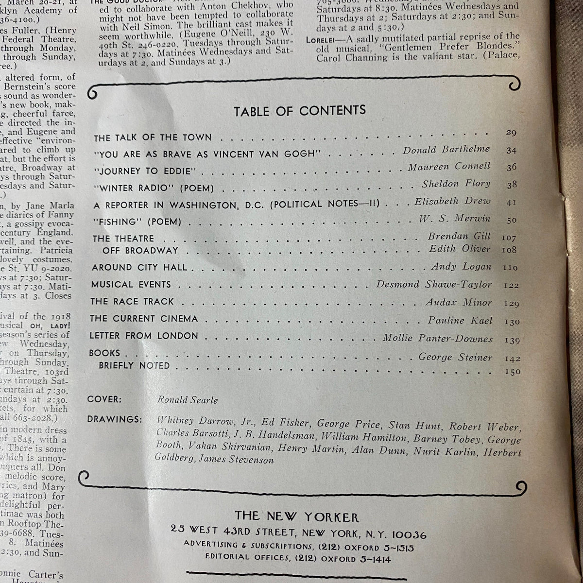 Table of contents from The New Yorker magazine dated March 18, 1974, listing featured articles and contributions, including works by Donald Barthelme and Pauline Kael.