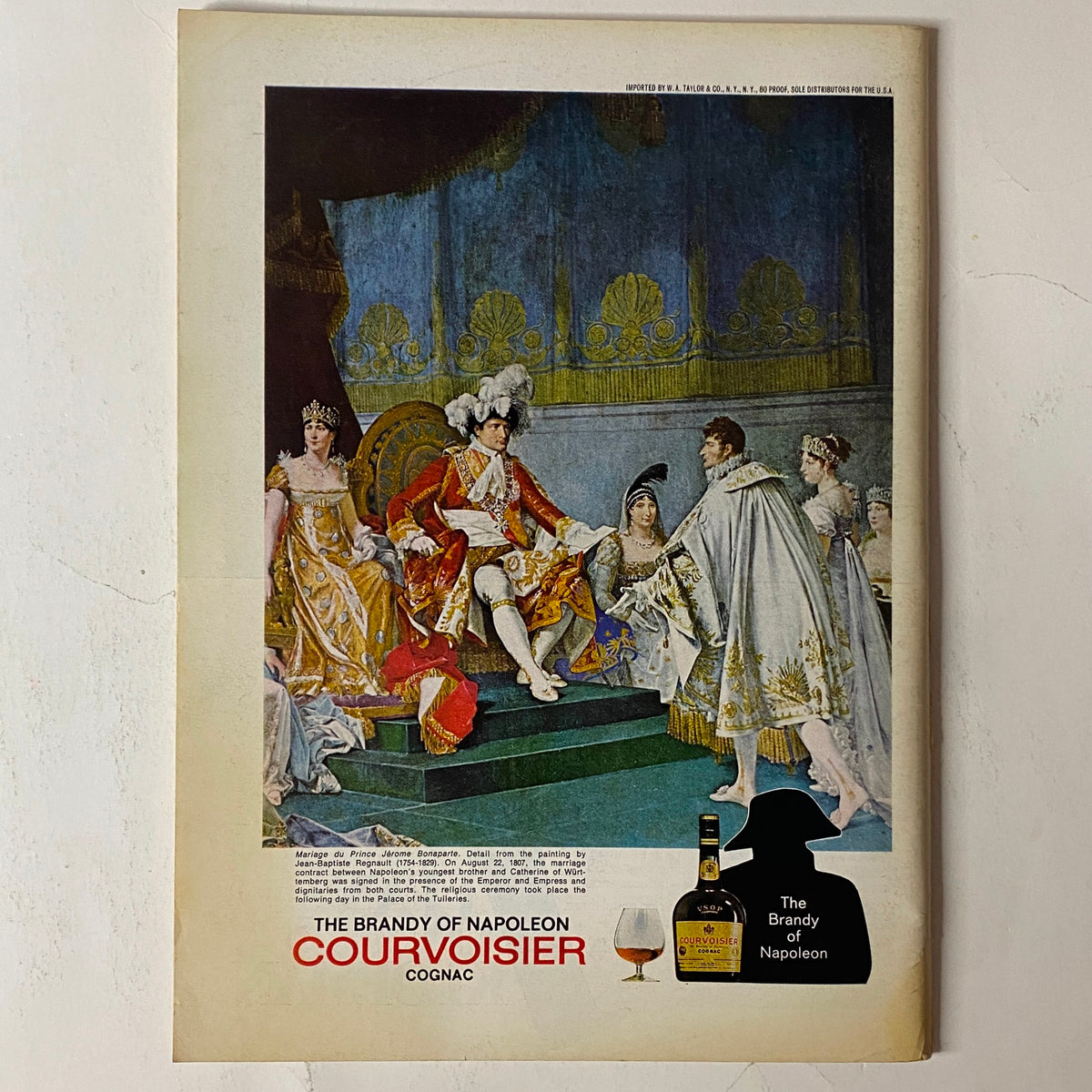 Back cover of The New Yorker magazine March 18, 1974, featuring an advertisement for Courvoisier Cognac with a historical painting and branding information.