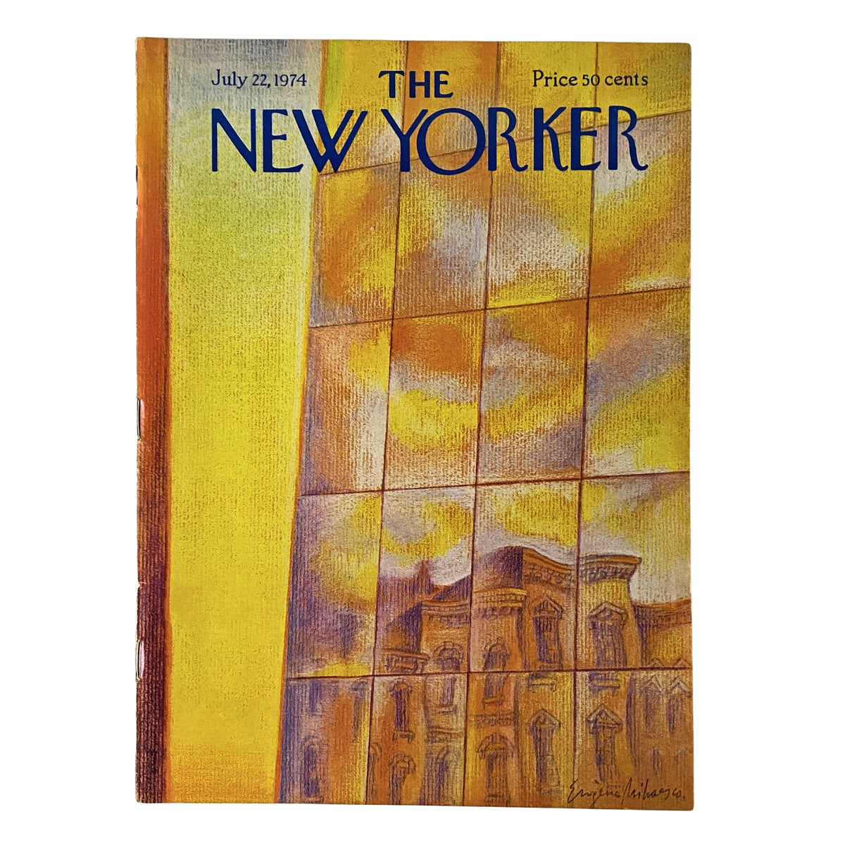 The New Yorker Full Magazine July 22, 1974 cover featuring a vibrant illustration by Eugène Mihaesco, showcasing a conceptual design with abstract shapes and a colorful palette.
