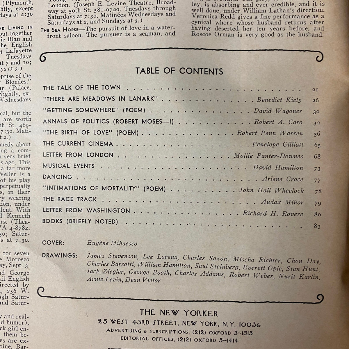 Table of Contents from The New Yorker Full Magazine July 22, 1974, featuring articles by Robert A. Caro and Benedict Kiely, alongside cover art by Eugène Mihaesco.