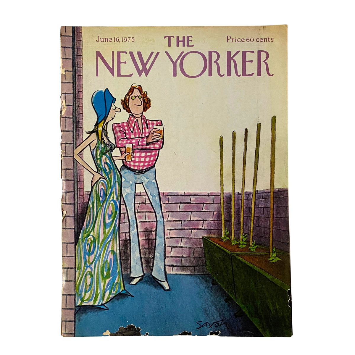 The New Yorker Full Magazine June 16, 1975 Charles Saxon Cover featuring a vibrant illustration of a couple in a garden setting with stylish attire.