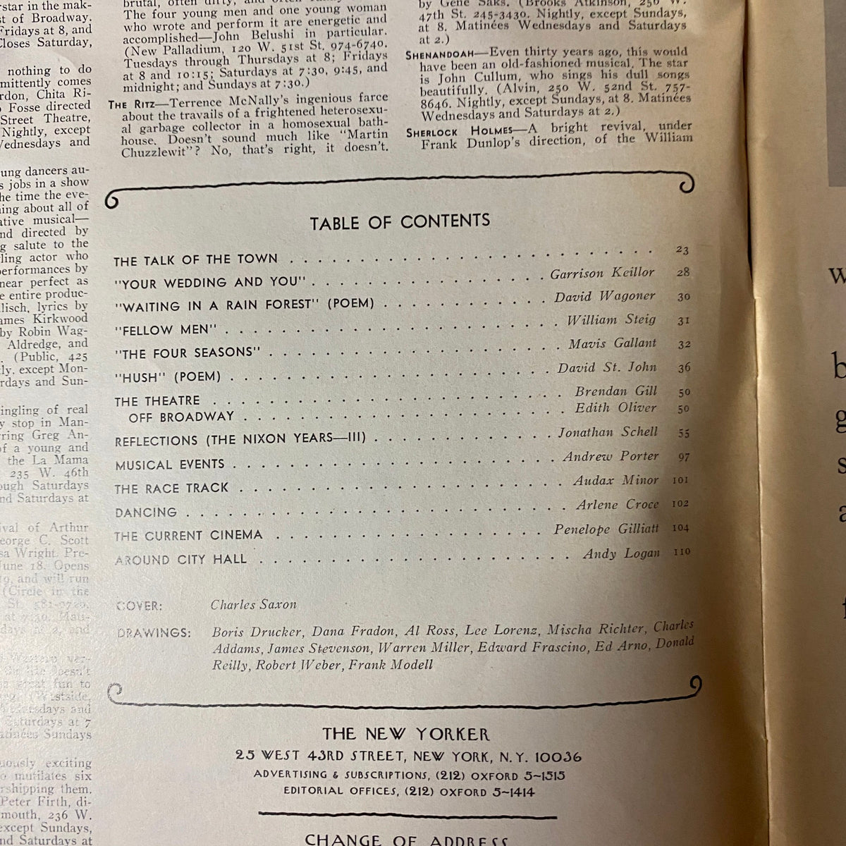 Table of Contents for The New Yorker Full Magazine June 16, 1975 Charles Saxon Cover, detailing featured articles and contributors.