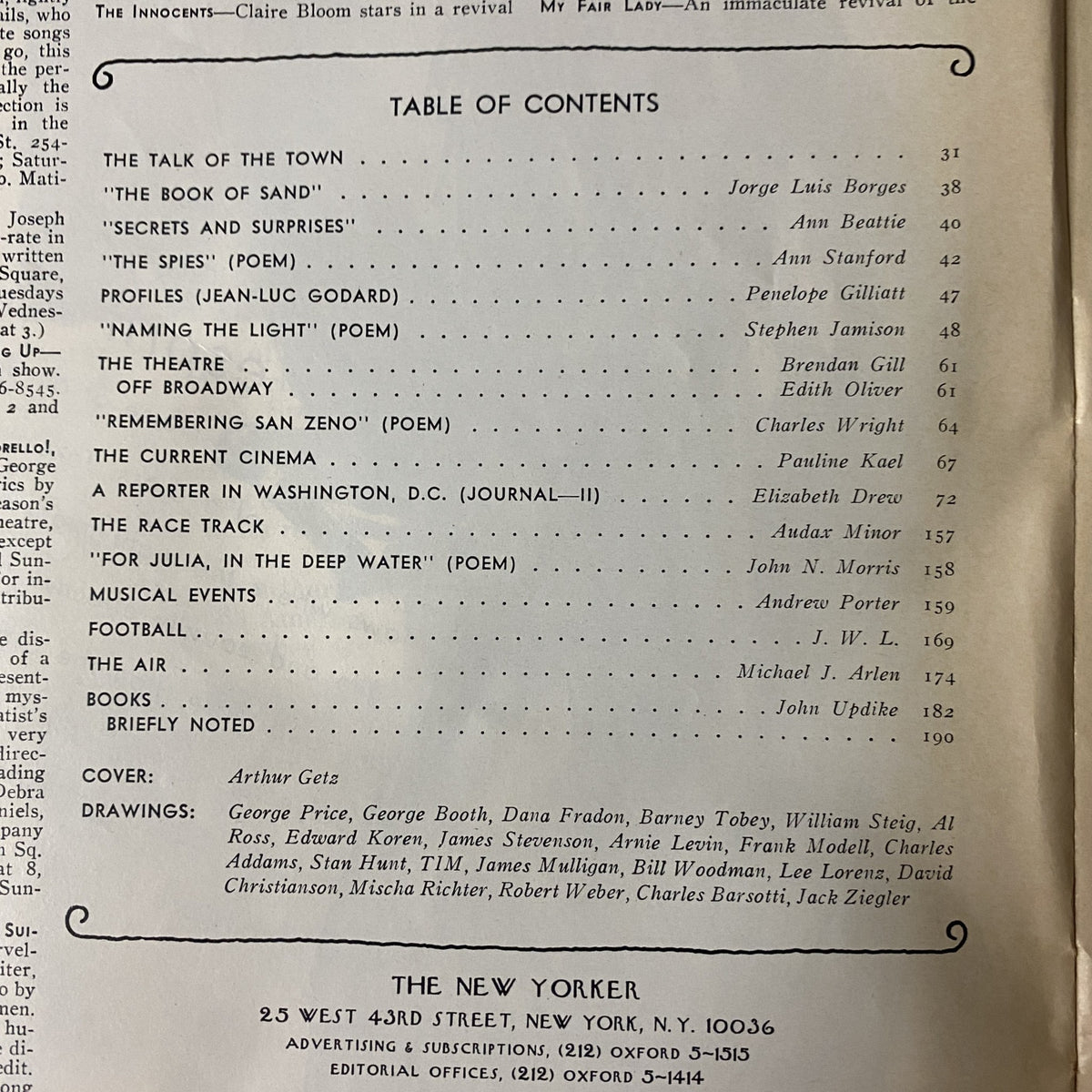 Table of contents from The New Yorker magazine October 25, 1976, listing notable articles and authors including Jorge Luis Borges, Ann Beattie, and John Updike.