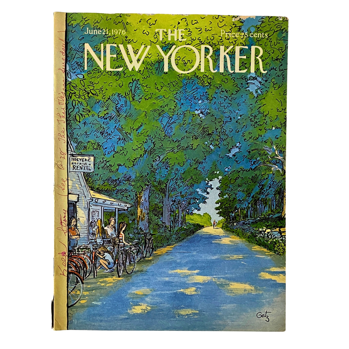 Cover of The New Yorker Full Magazine June 21, 1976 featuring an illustration by Arthur Getz, depicting a serene path lined with trees and bicycles.