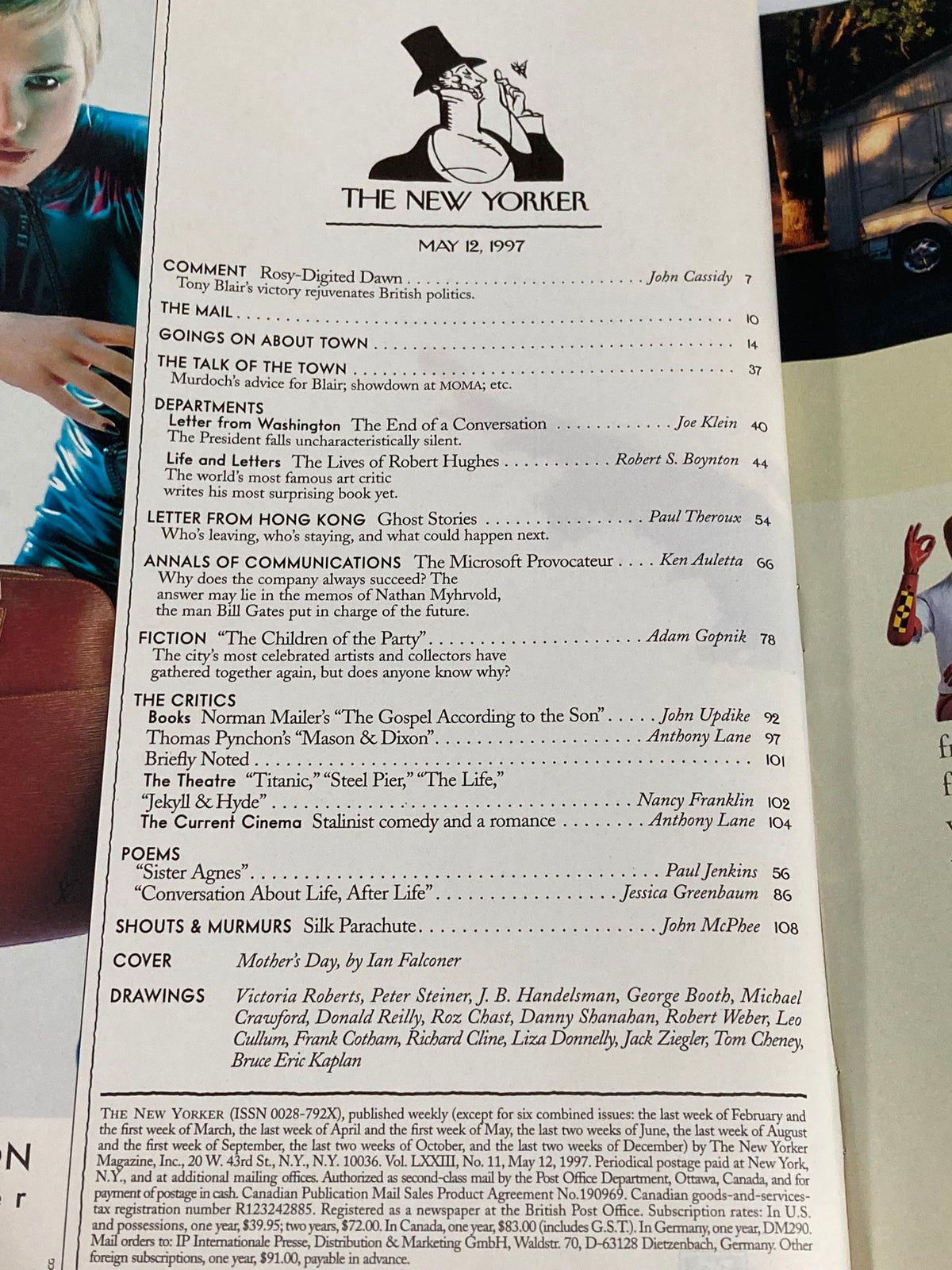 Table of contents for The New Yorker Full Magazine May 12, 1997, highlighting various articles and illustrations, including the cover art by Ian Falconer centered on Mother's Day.
