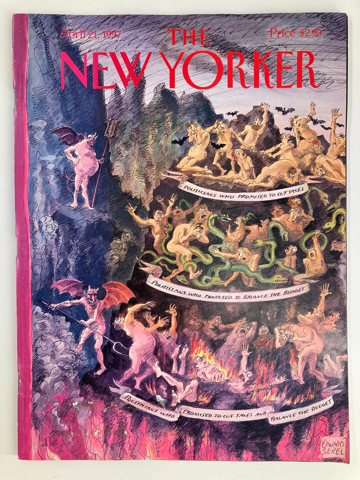 The New Yorker Full Magazine April 21 1997 cover featuring 'The Unforgiven' by Edward Sorel, showcasing vivid illustrations of demons and political satire.