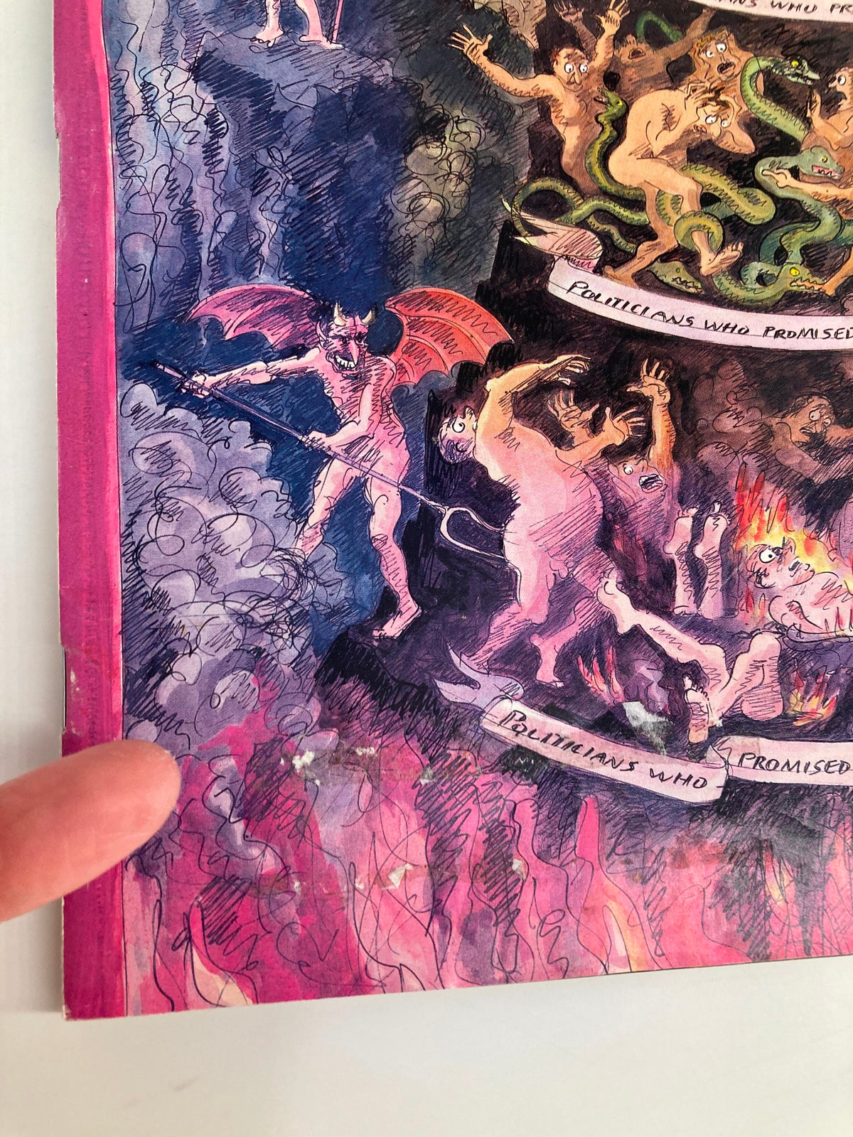 Close-up of the cover of The New Yorker Full Magazine April 21 1997, highlighting the artwork by Edward Sorel with a focus on the devil figure and political commentary.