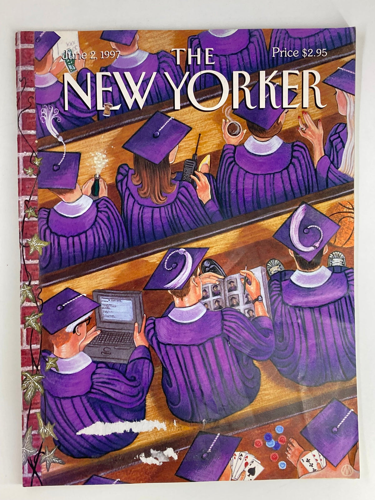 Cover of The New Yorker Full Magazine June 2, 1997, featuring an illustration of graduates in purple attire, some using technology and others enjoying a celebration, highlighting the graduation theme by M. Scott Miller.