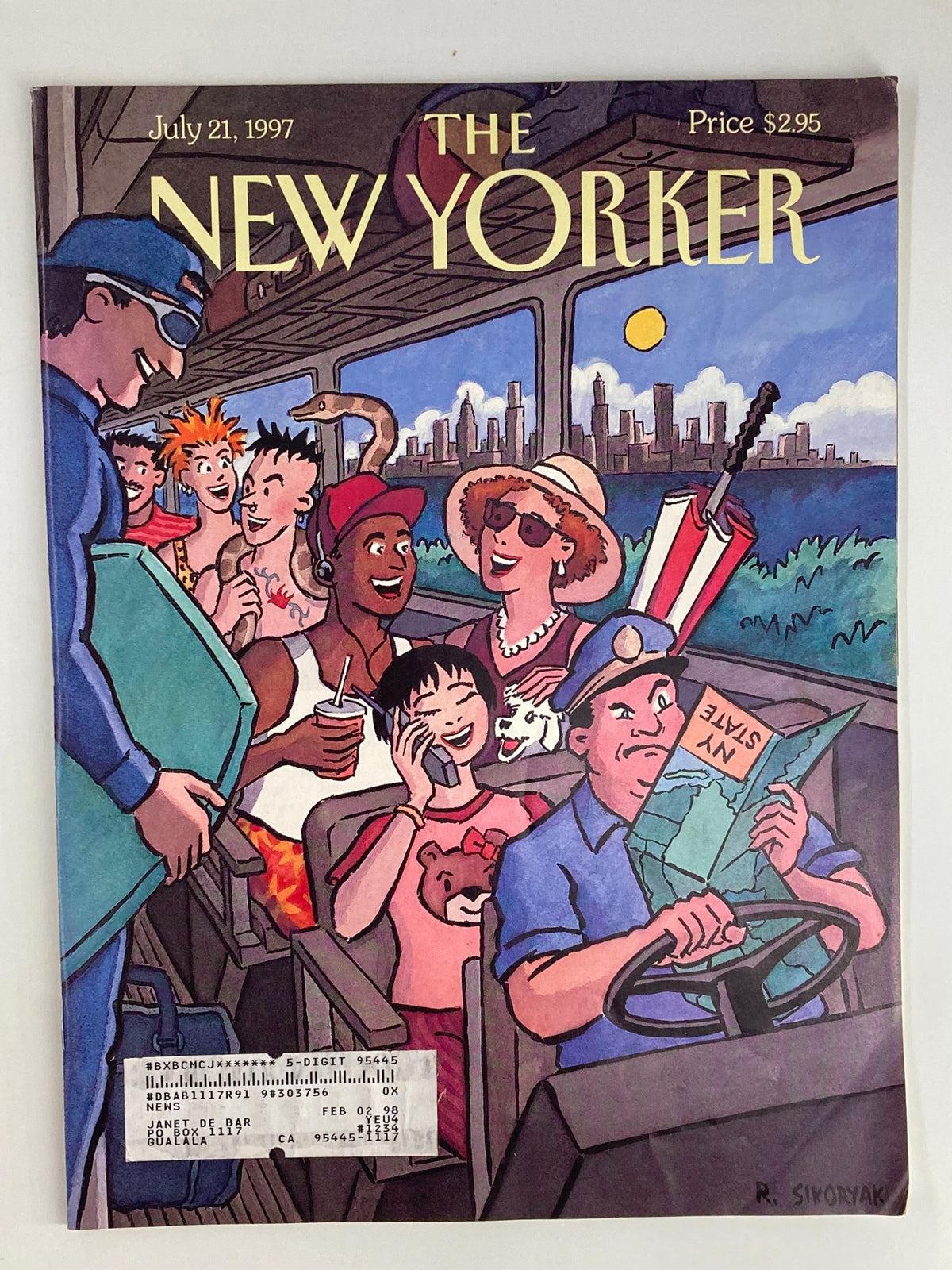 Cover of The New Yorker magazine, July 21, 1997, featuring artistic illustration by R. Sikoryak, showcasing a bus scene with various characters and the New York skyline.