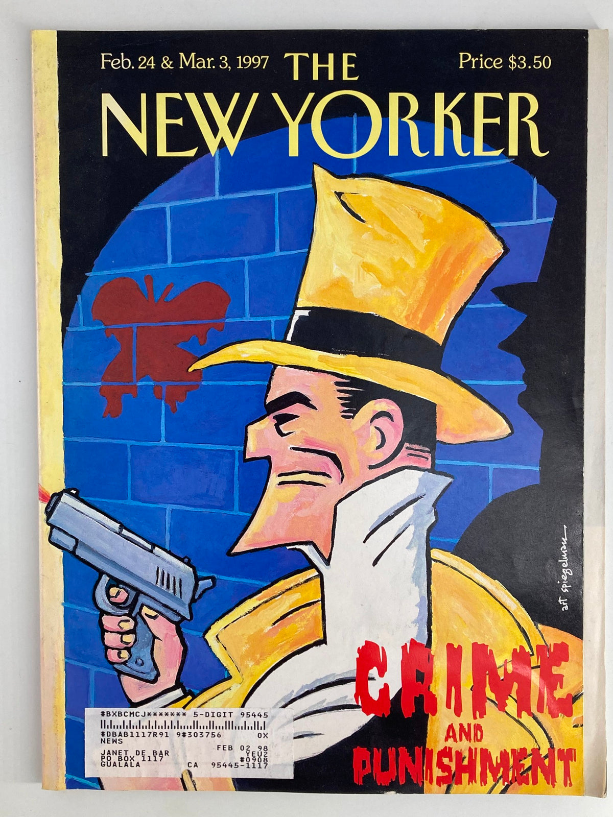 The New Yorker Full Magazine cover from February 24, 1997, featuring the artwork 'Dick Tilley' by Art Spiegelman, showcasing a character in a yellow hat holding a gun against a blue brick background.