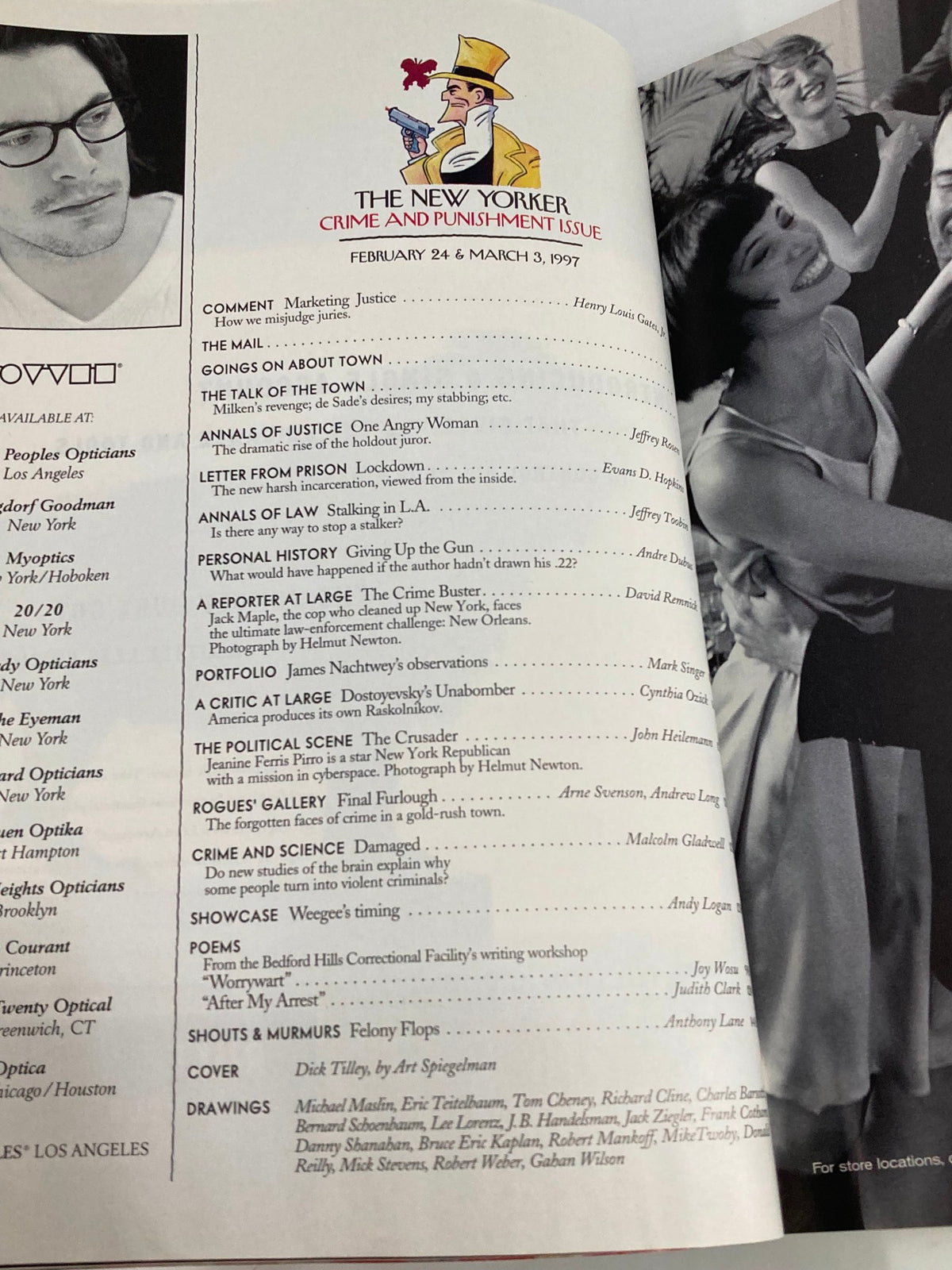 Interior page of The New Yorker Full Magazine February 24, 1997, highlighting the contents including articles and illustrations related to the theme 'Crime and Punishment'.