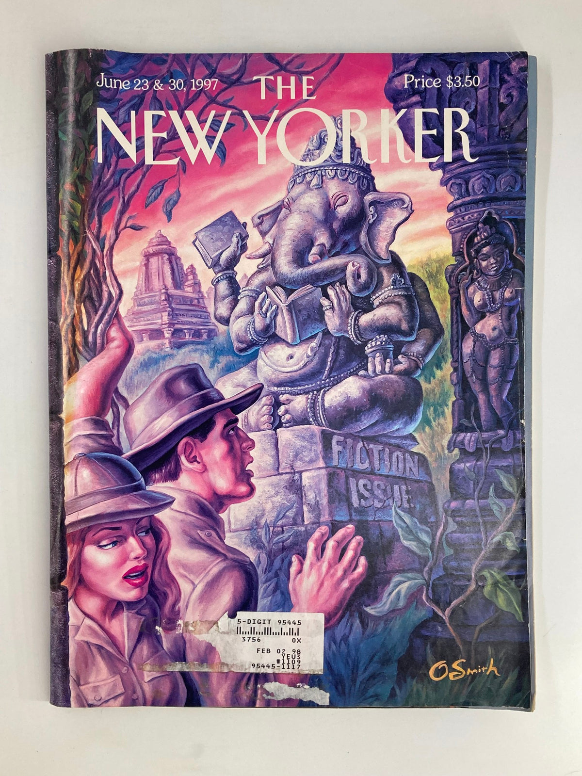 Cover of The New Yorker magazine from June 23, 1997 featuring the artwork for 'The Elephantine Prophecy' by O. Smith, depicting a vibrant scene with an elephant statue, lush foliage, and two adventurers.