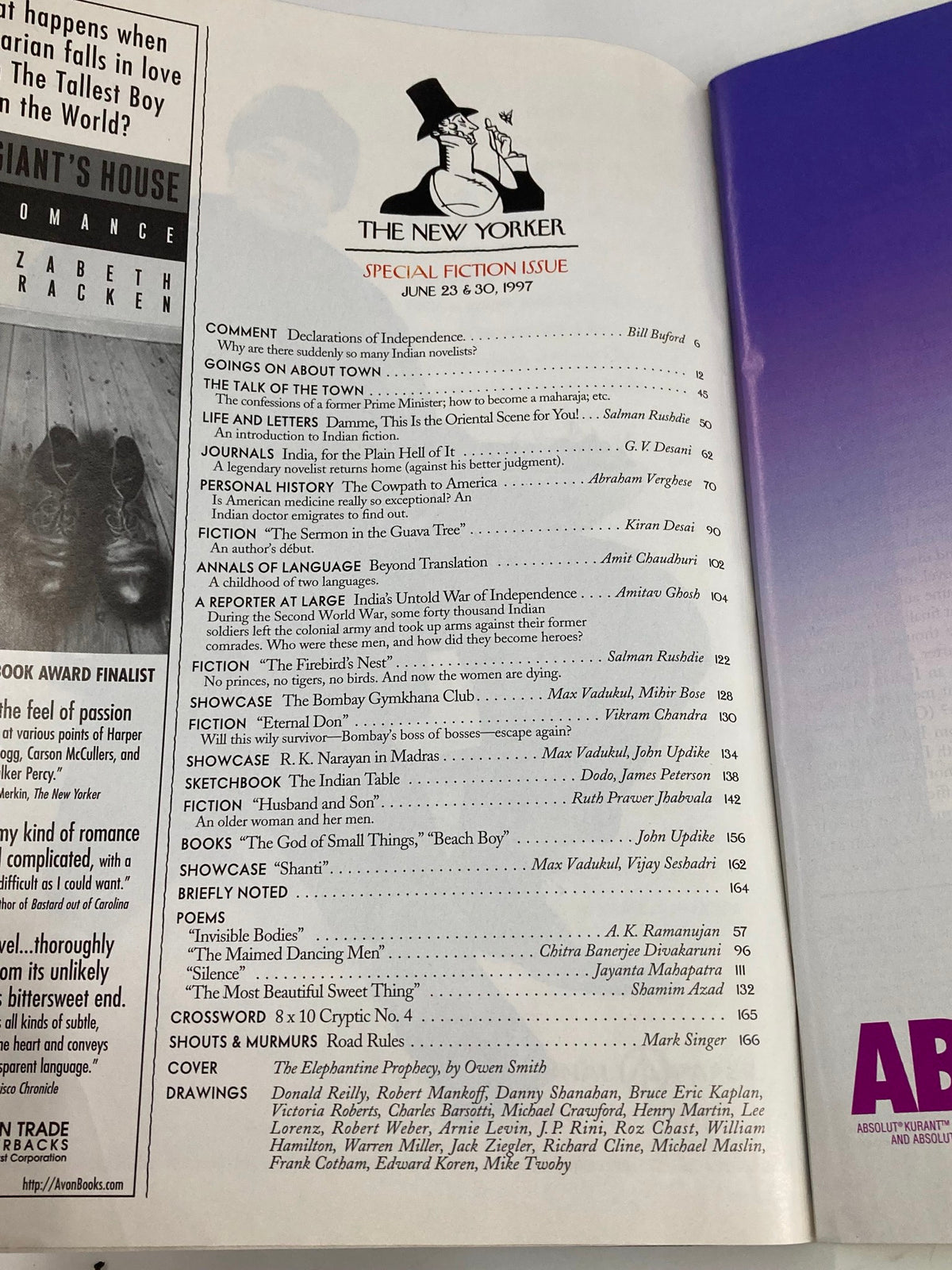 Inside page of The New Yorker magazine, June 23 & 30, 1997, displaying the table of contents for the special fiction issue, emphasizing its diverse articles and stories.