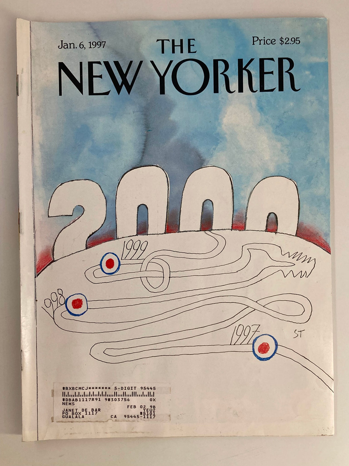 Cover image of The New Yorker Full Magazine January 6, 1997, featuring a cover illustration titled '2000' by Saul Steinberg, showcasing abstract designs and colorful artwork.