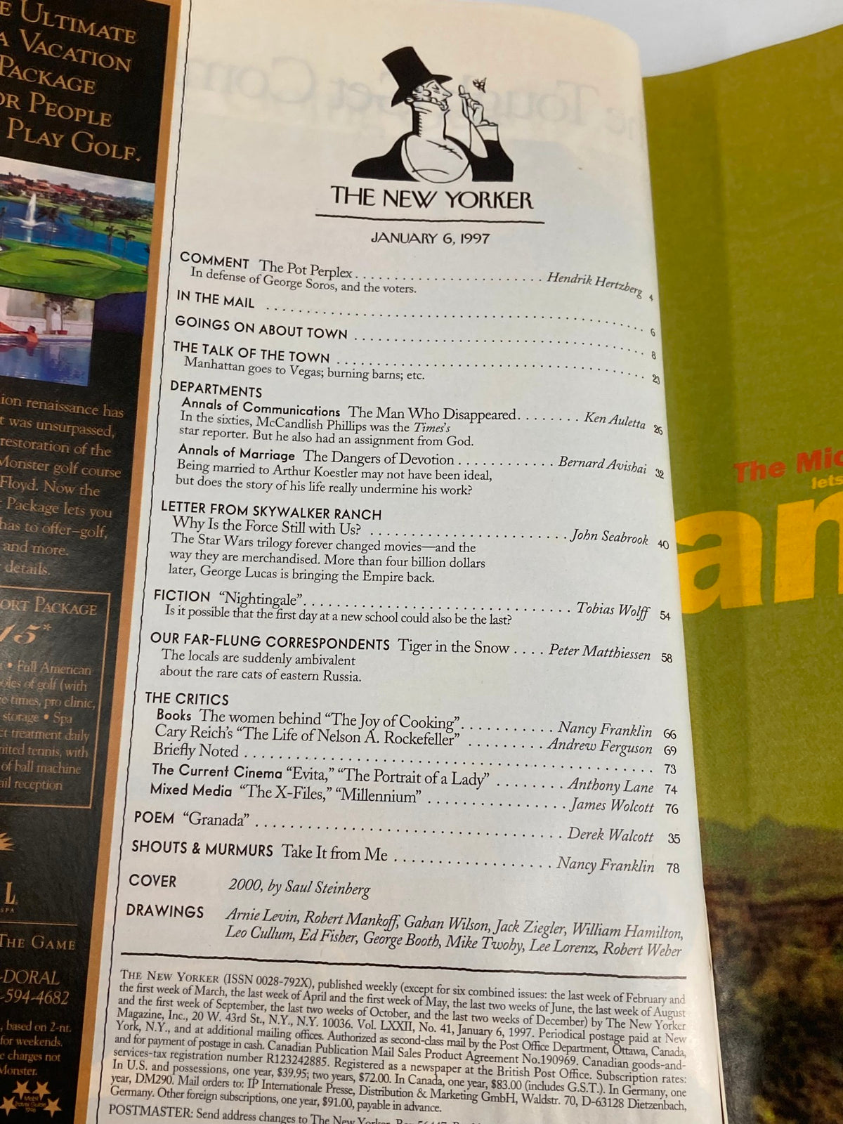 Table of contents page of The New Yorker Full Magazine January 6, 1997, listing features including commentaries, articles, and illustrations, highlighting contributions from various writers and the cover by Saul Steinberg.