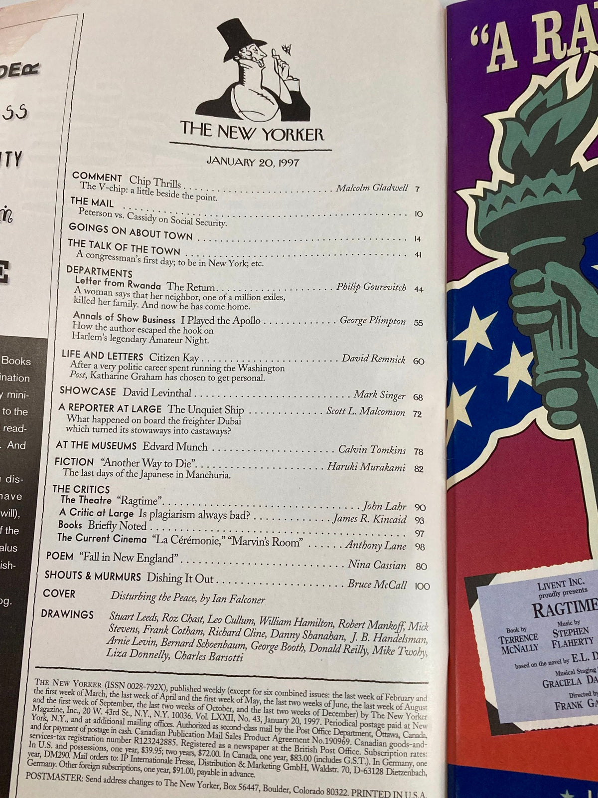 Table of contents from The New Yorker magazine, January 20, 1997, listing articles and features alongside the iconic logo and images related to the magazine's content.