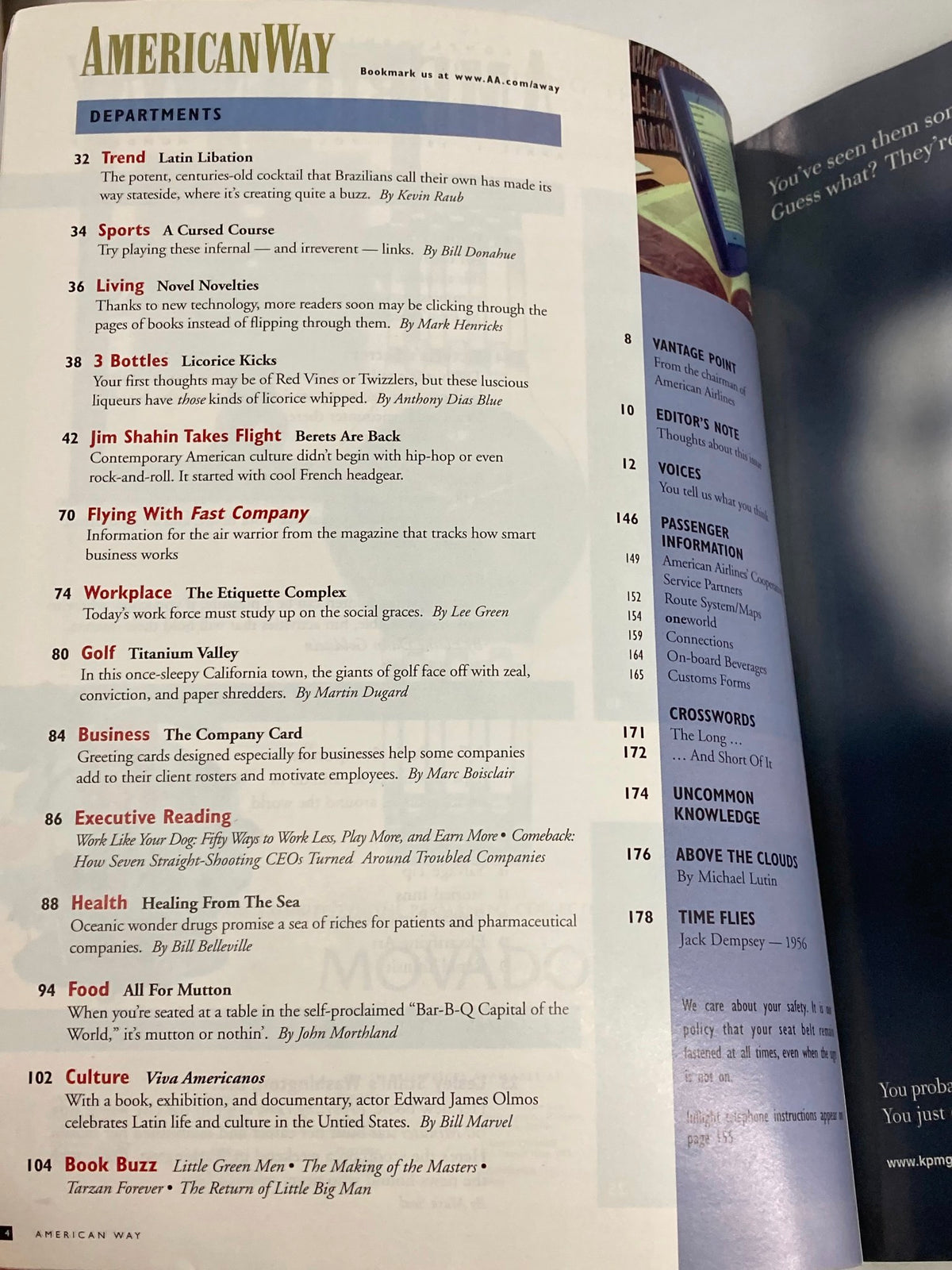 Interior page of American Way Magazine April 1, 1999, detailing the articles and sections within, highlighting cultural insights and features from that issue.