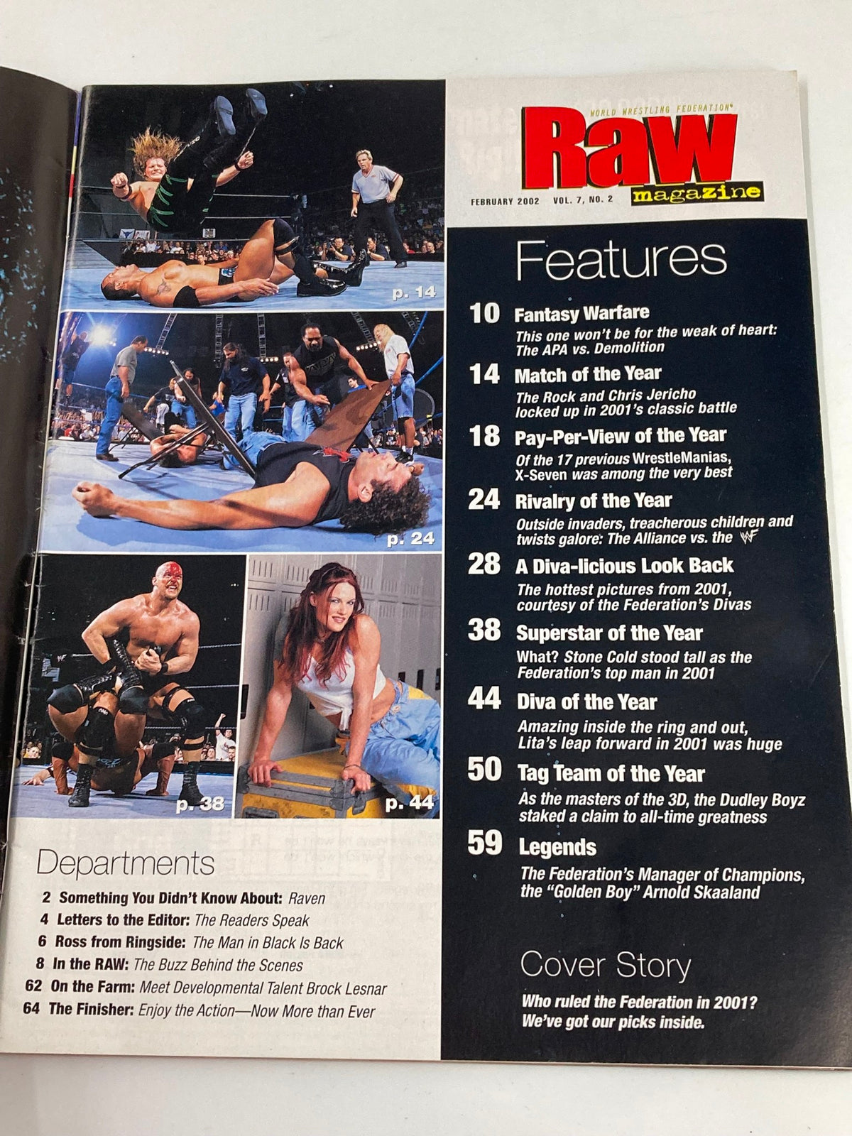 Inside spread of WWF Raw Magazine February 2002 showcasing wrestling action with features and departments related to iconic matches and superstars.