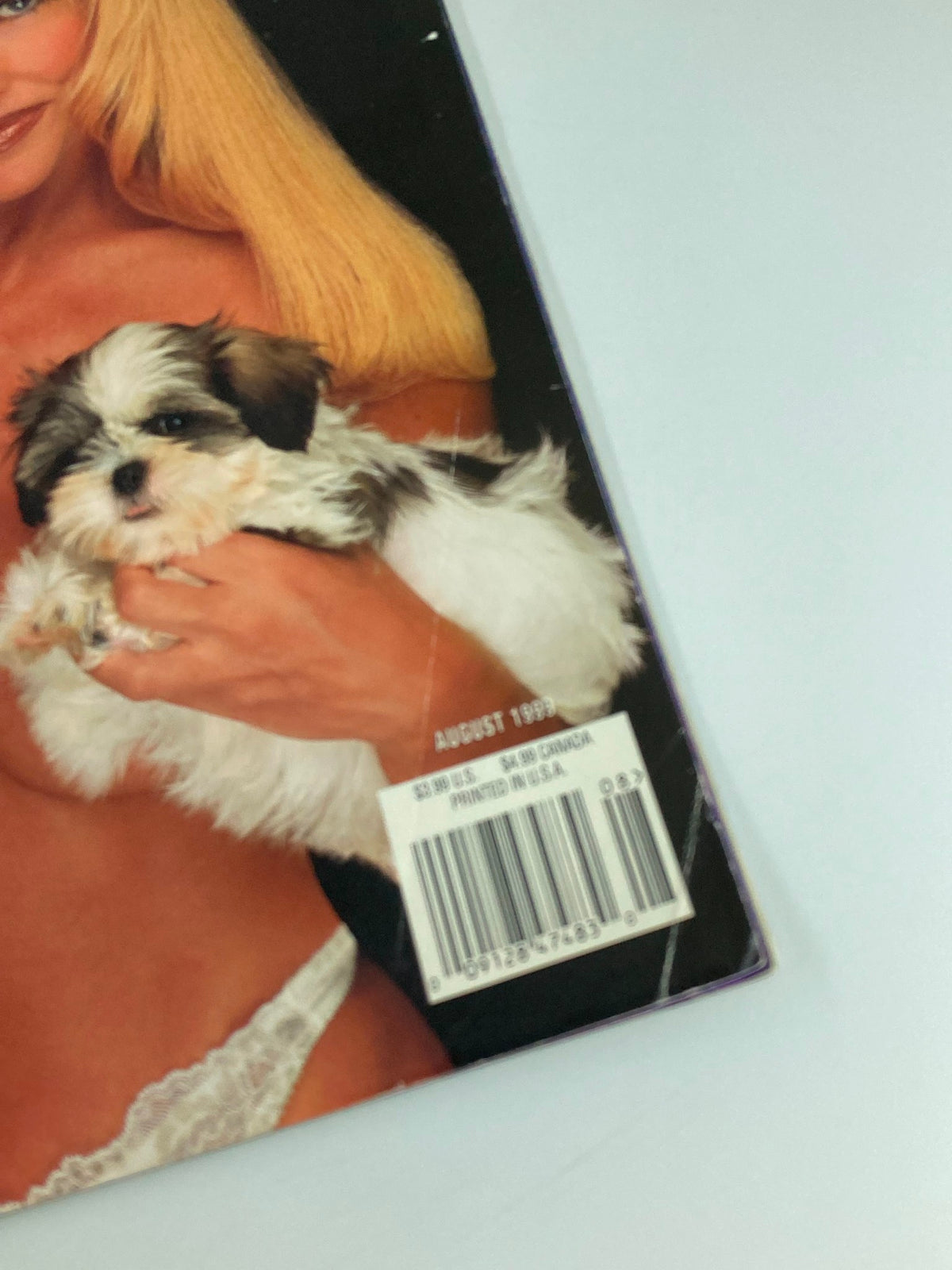 Close-up of the cover of WWF Raw Magazine August 1999 with Debra Marshall and a puppy.