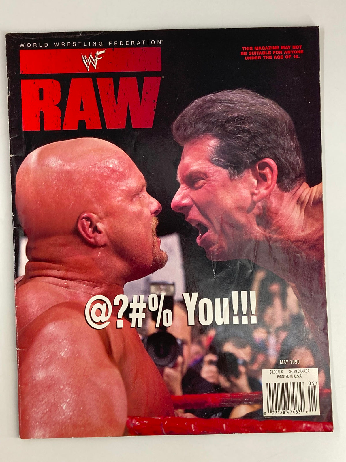 WWF Raw Magazine May 1999 cover featuring wrestling icons Stone Cold Steve Austin and Vince McMahon in an intense face-off.