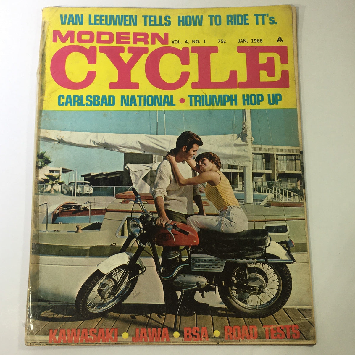 VTG Modern Cycle Magazine January 1968 cover featuring a couple posing with a motorcycle, showcasing the Carlsbad National and Triumph Hop Up articles.