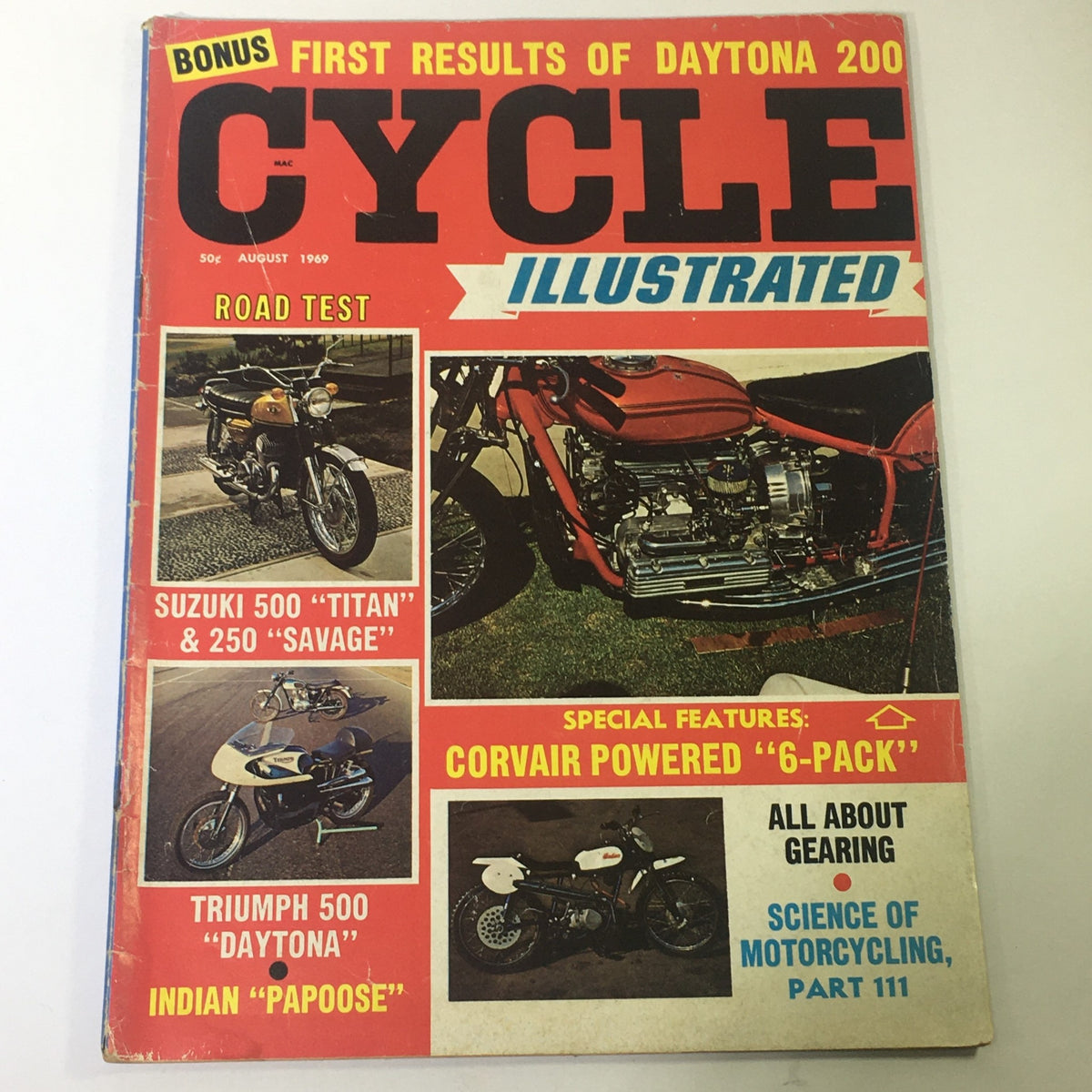 Cover of VTG Cycle Illustrated Magazine August 1969 featuring Suzuki 500 Titan and 250 Savage test along with motorcycle road tests and features.