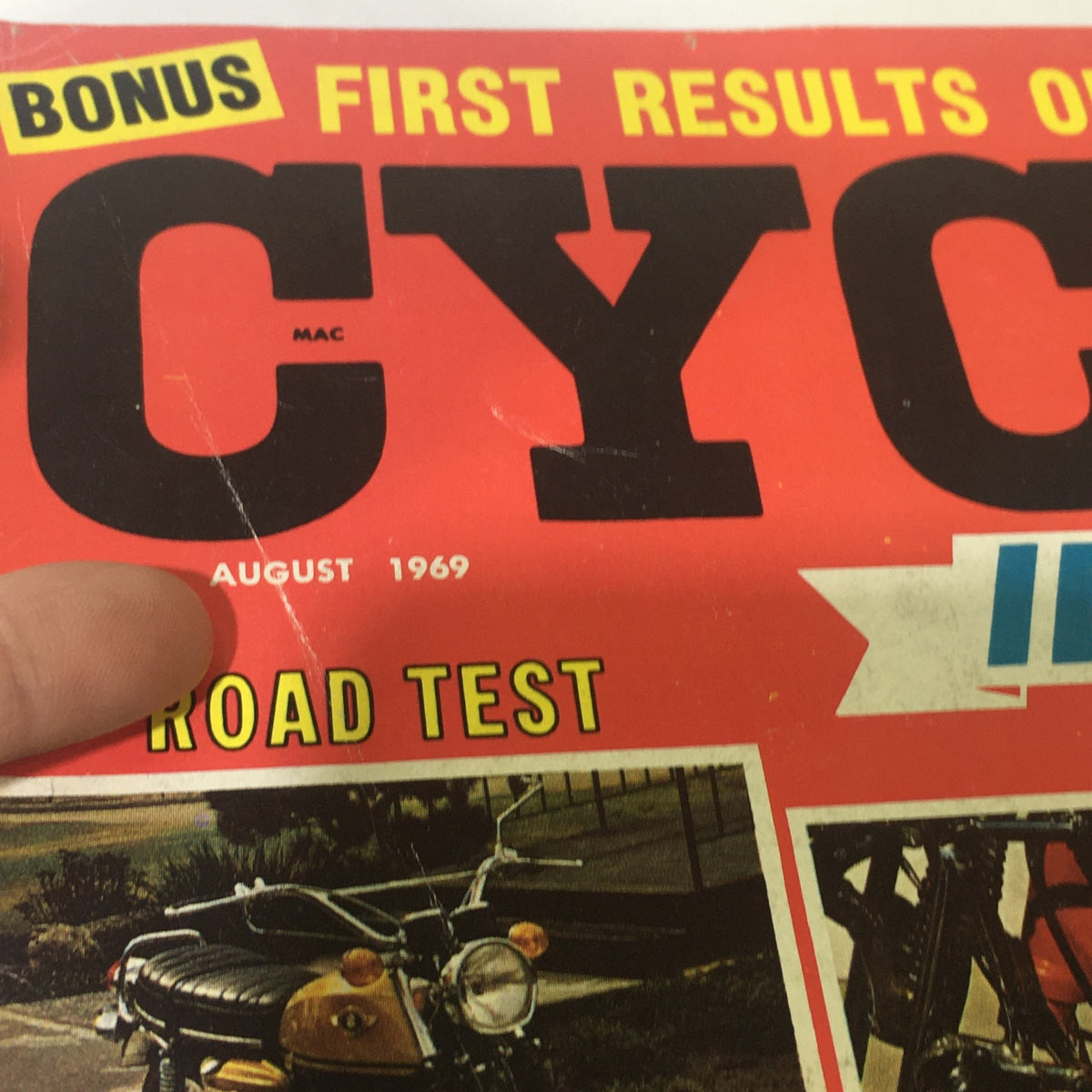 Close-up of the title section from VTG Cycle Illustrated Magazine August 1969 highlighting the road test and features of Suzuki motorcycles.