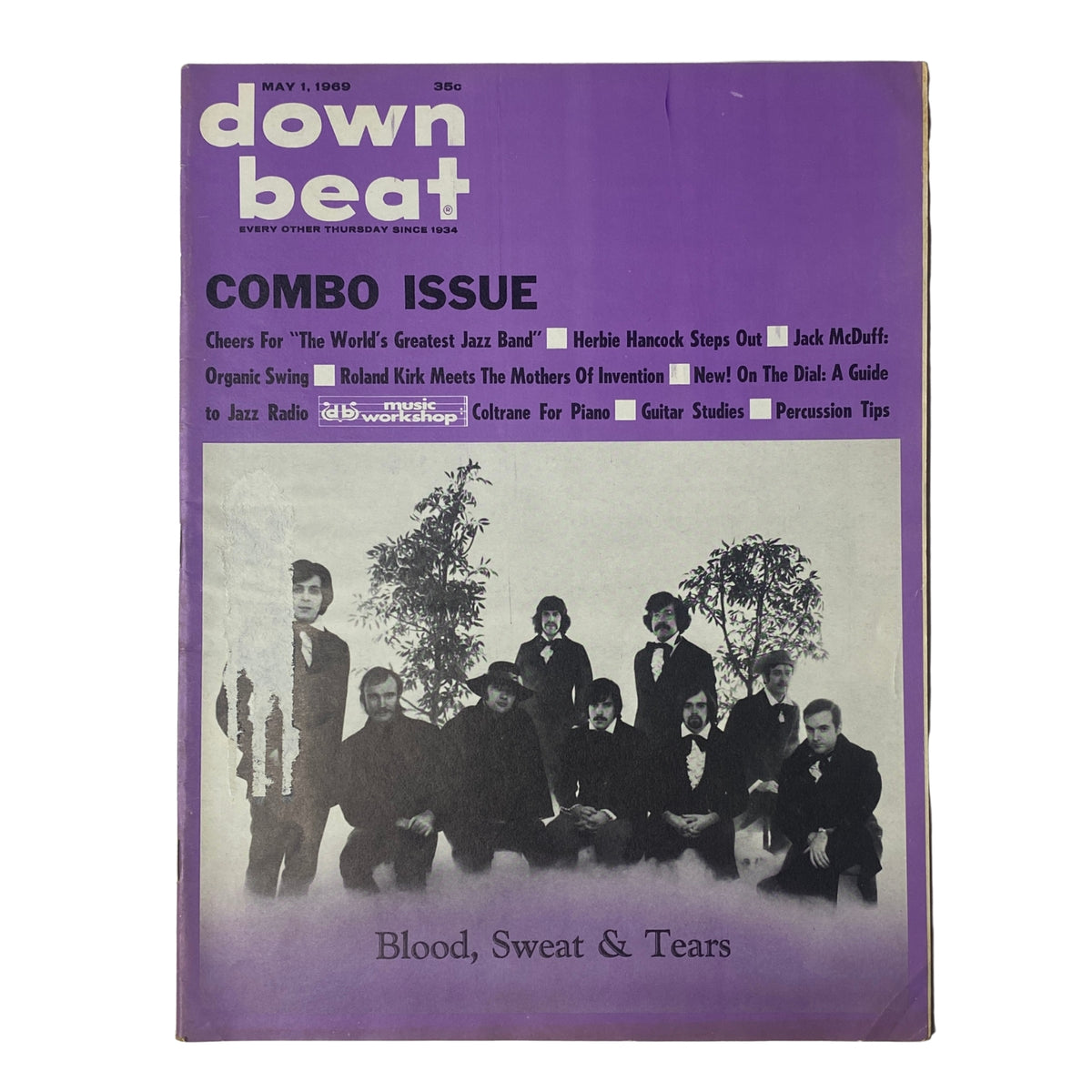 Cover of Down Beat Magazine, May 1, 1969, Vol 36 No. 9 featuring The World's Greatest Jazz Band, with the headline highlighting notable articles about Herbie Hancock and Jack McDuff.