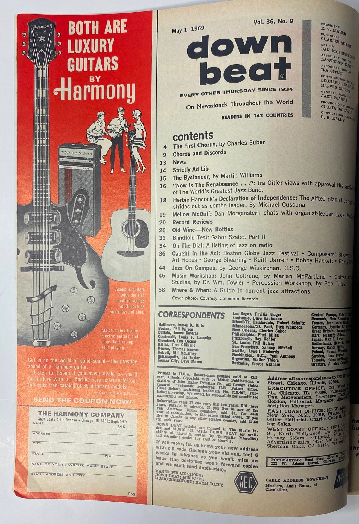 Inside page of Down Beat Magazine, May 1, 1969, Vol 36 No. 9 showcasing guitar advertisements and the table of contents listing featured articles and jazz-related content.