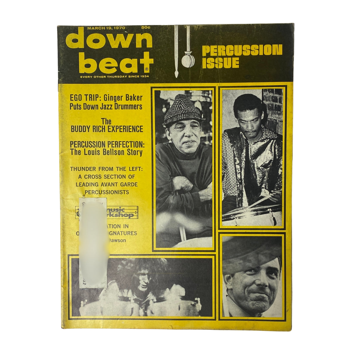 Cover of Down Beat Magazine March 19, 1970, Vol 37 No. 6 featuring Ginger Baker and Buddy Rich, highlighting drumming culture with a focus on percussion.