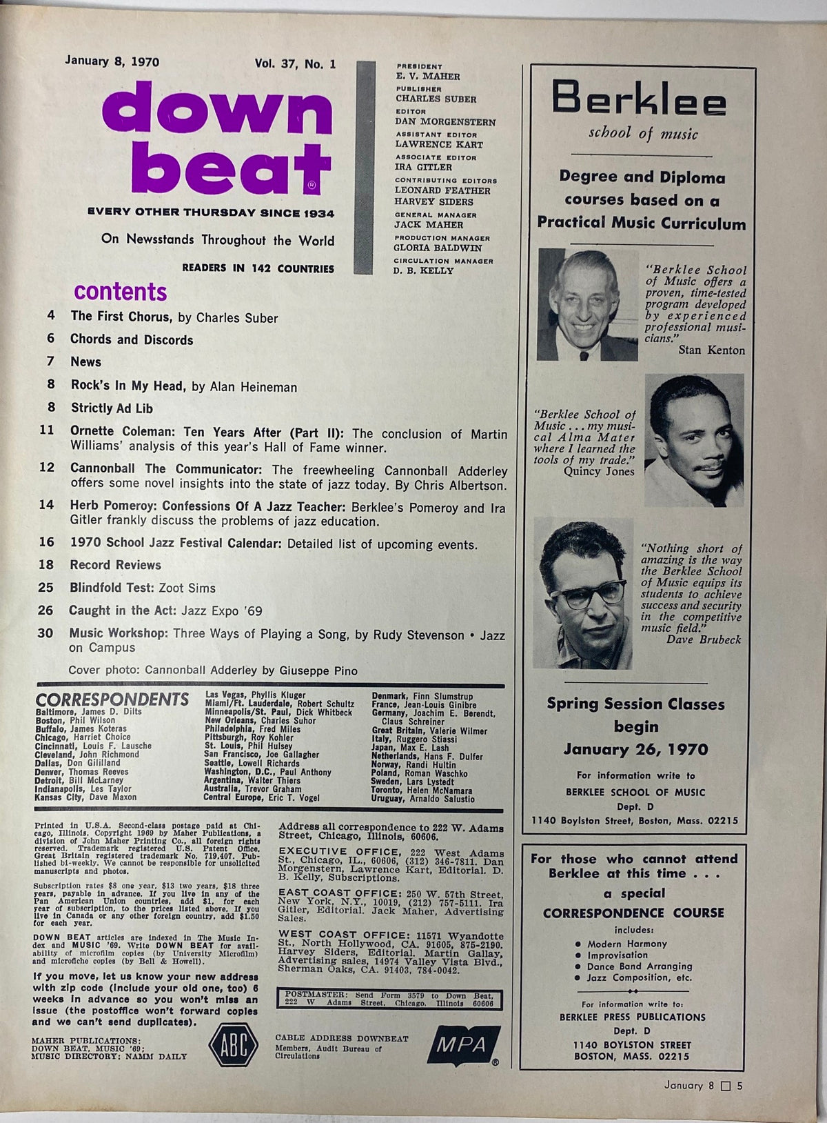 Table of contents page from Down Beat Magazine, January 8, 1970, Vol. 37 No. 1, listing articles such as 'The First Chorus', 'Rock’s In My Head', and 'Blindfold Test: Zoot Sims'.
