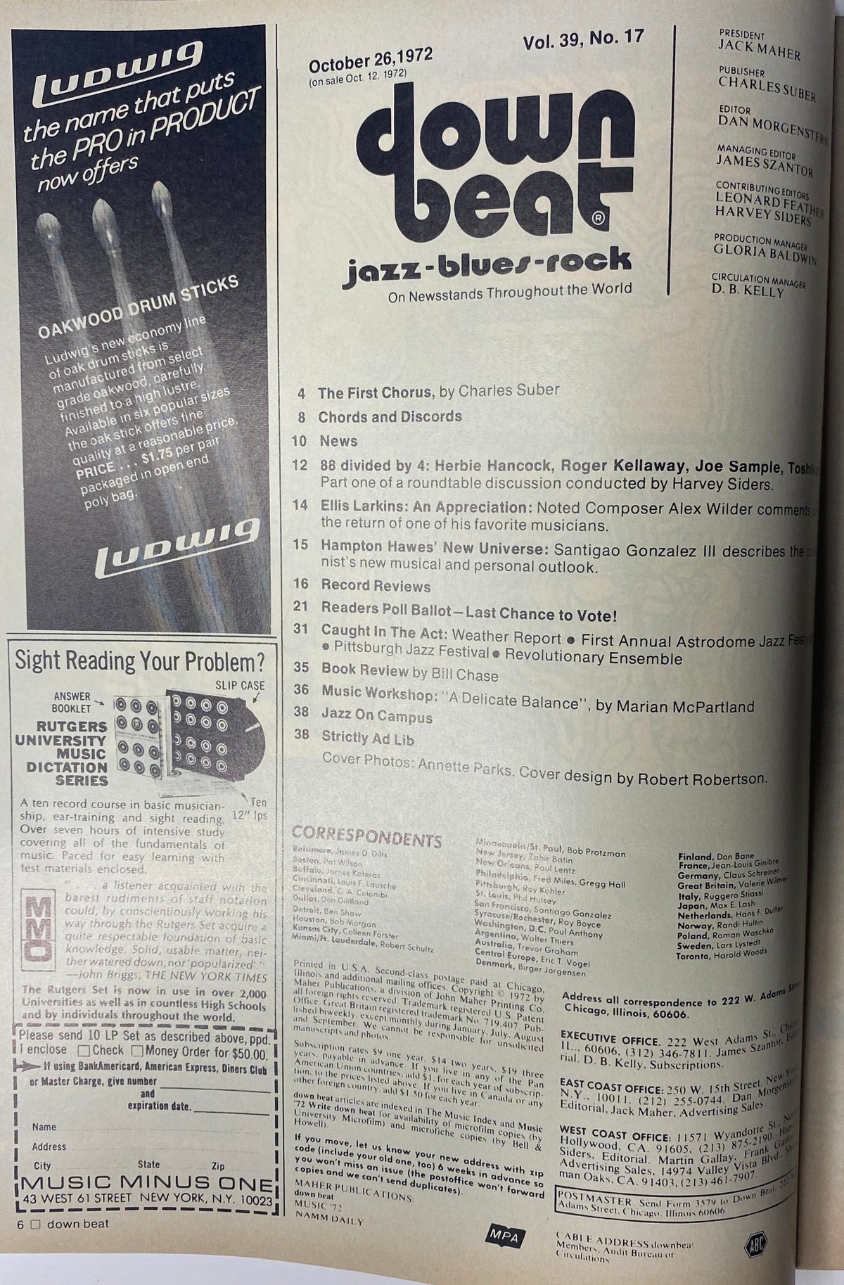 Table of Contents for Down Beat Magazine October 26, 1972 Vol. 39 No. 17 listing various articles and features covering jazz, blues, and rock.
