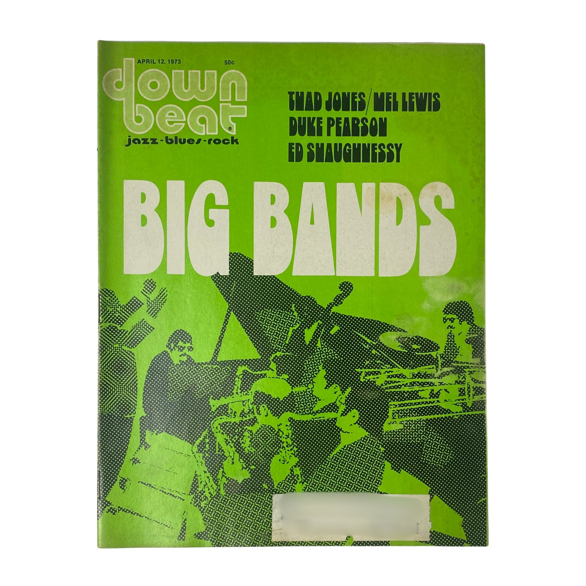 Cover of Down Beat Magazine, April 12, 1973, featuring Thad Jones, Mel Lewis, Duke Pearson, and Ed Shaughnessy, showcasing the theme 'Big Bands' with vibrant green design.