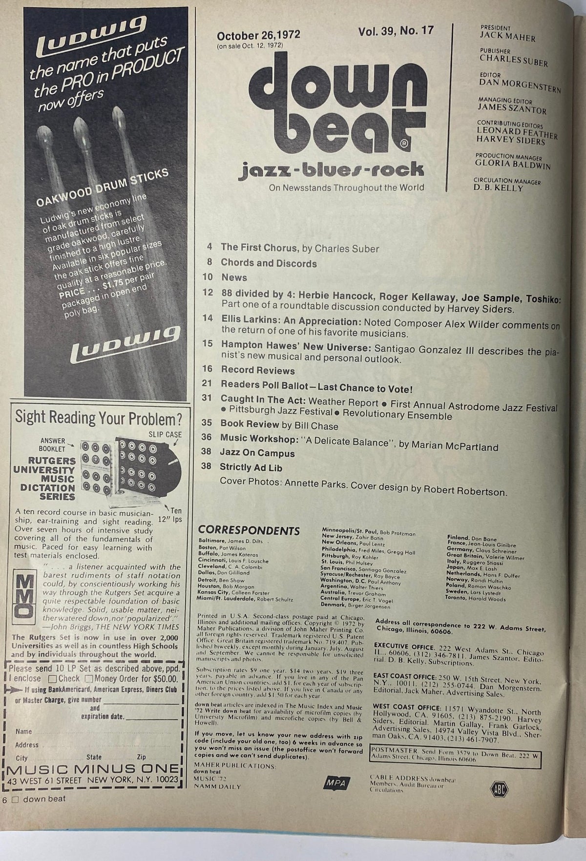 Cover of Down Beat Magazine, October 26, 1972, Volume 39, Number 17 featuring Annette Parks. Highlights include articles about Herbie Hancock, Roger Kellaway, Joe Sample, and a roundtable discussion on jazz.