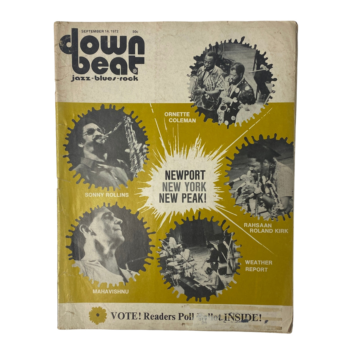 Cover of Down Beat Magazine, September 14, 1972, Vol 39 No. 15 featuring Alain Lerner, showcasing Newport in New York Festival with prominent jazz artists including Sonny Rollins and Ornette Coleman.