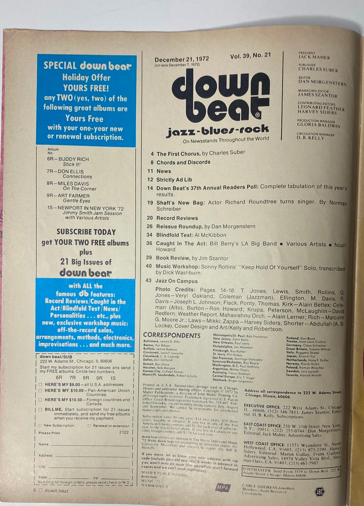 Interior page of Down Beat Magazine, December 21, 1972, Vol 39 No. 21 showcasing the table of contents and articles such as 'Strictly Ad Lib' and 'Down Beat’s 37th Annual Readers Poll'.