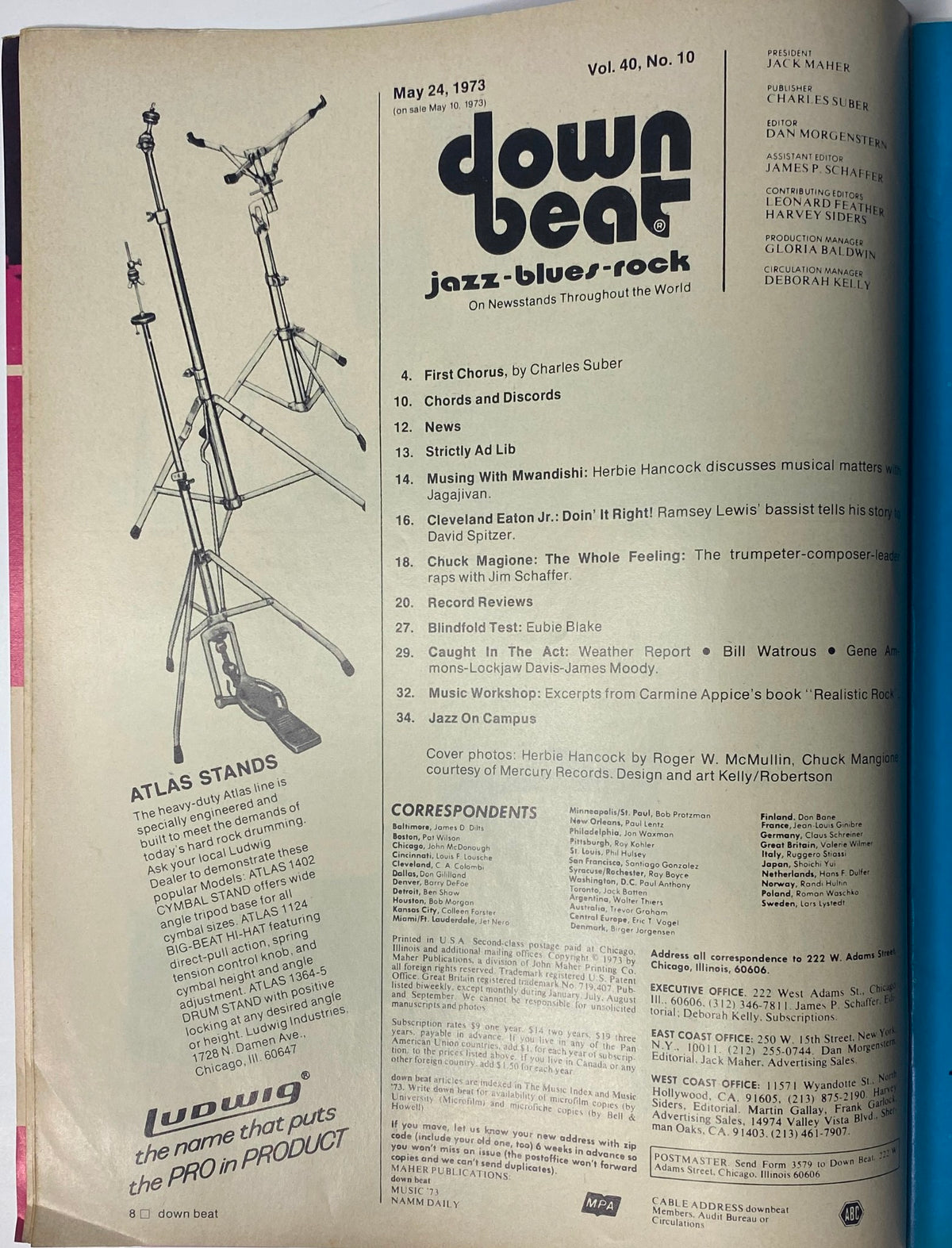 Table of Contents page from Down Beat Magazine, May 24, 1973, Vol. 40 No. 10, detailing articles and features including Herbie Hancock, Chuck Mangione, and contributions by various artists.
