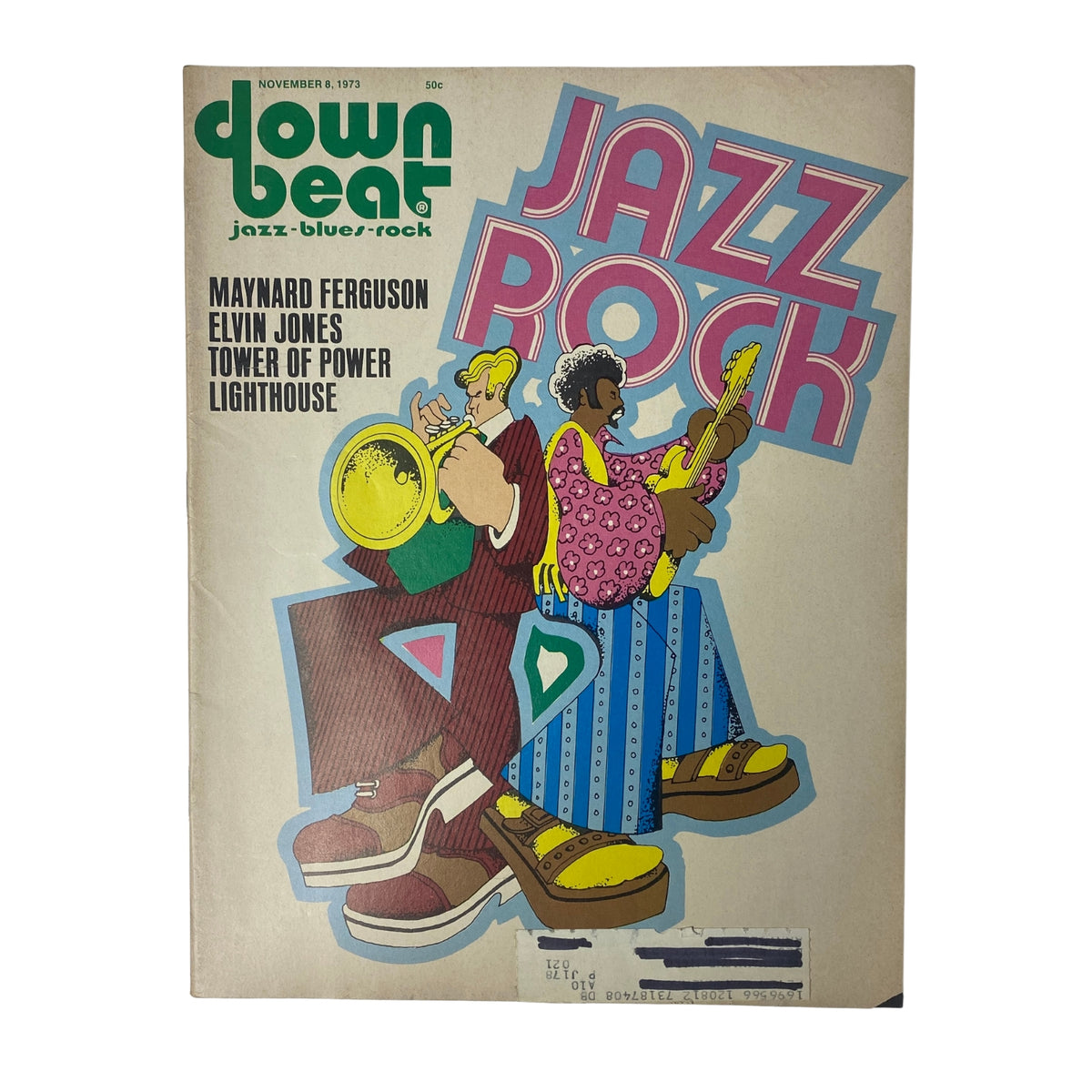 Cover of Down Beat Magazine, November 8, 1973, featuring vibrant artwork with musical elements. The issue showcases Maynard Ferguson, Elvin Jones, and profiles of the bands Tower of Power and Lighthouse, emphasizing jazz and rock themes.
