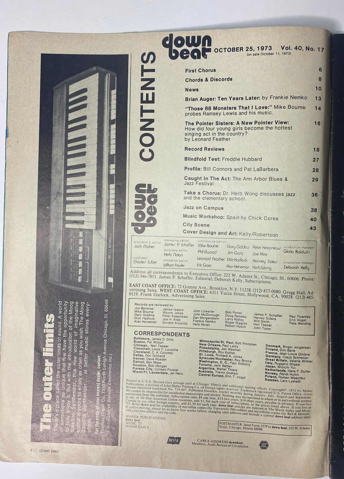 Table of contents for Down Beat Magazine, October 25, 1973, including articles about Ramsey Lewis, Brian Auger, and other jazz highlights.