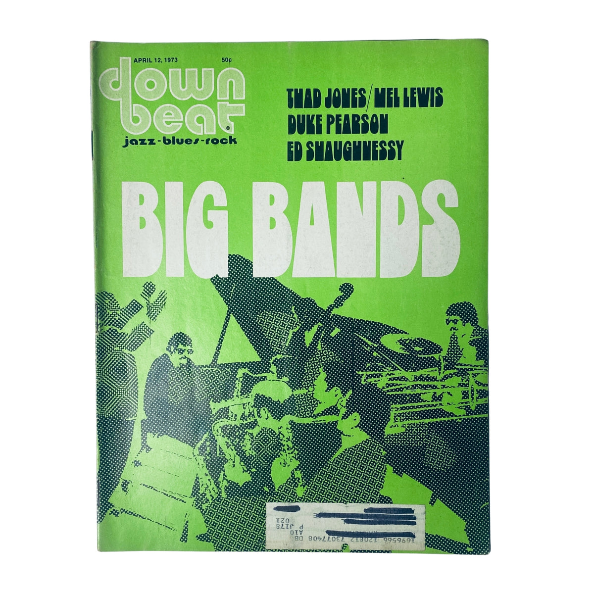 Cover of Down Beat Magazine, April 12, 1973, Vol 40 No. 7 featuring Thad Jones, Mel Lewis, Duke Pearson, and Ed Shaughnessy, showcasing the theme 'Big Bands' with an artistic design.