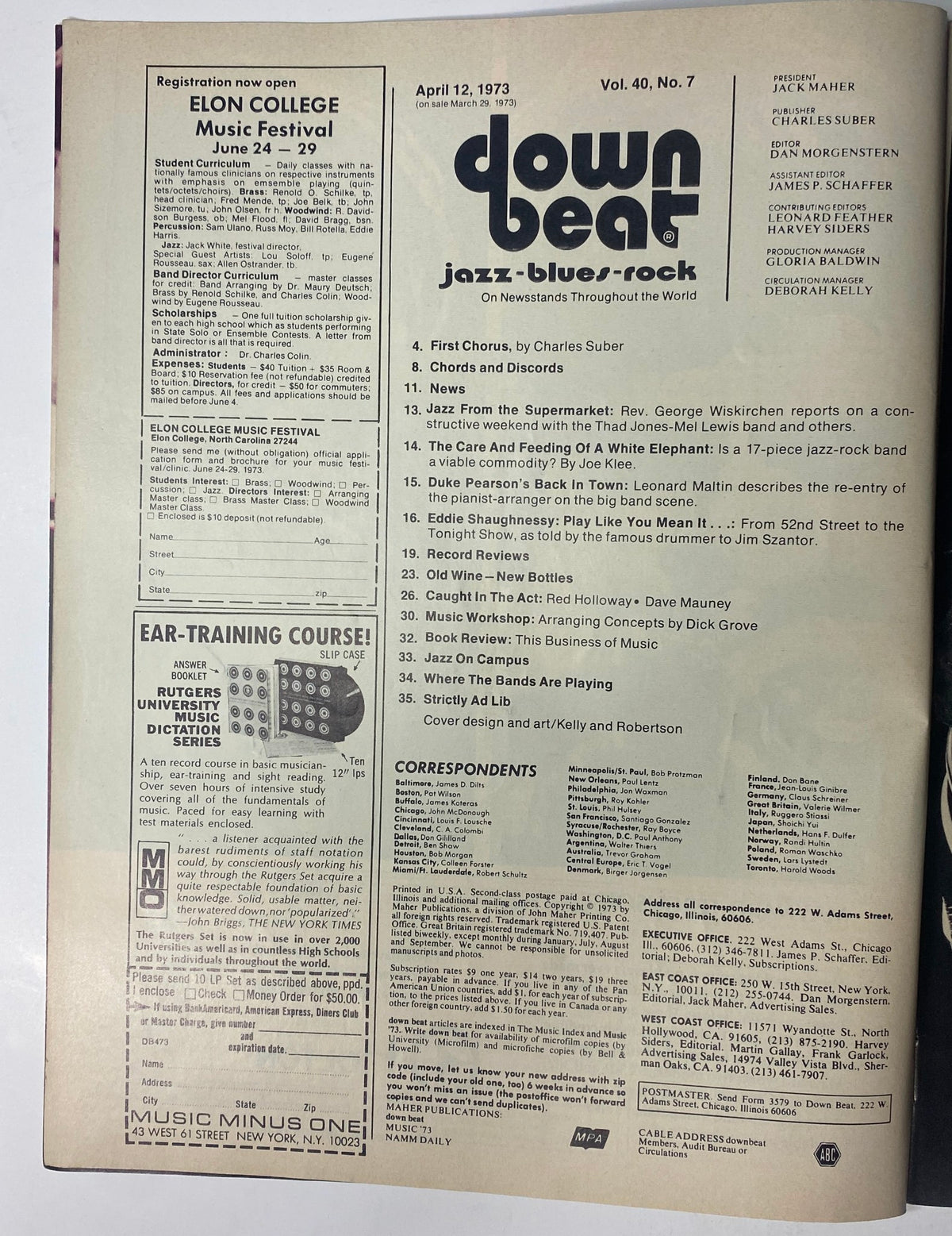 Inside page of Down Beat Magazine, April 12, 1973, Vol 40 No. 7, listing articles and features including contributions by Charles Suber and Rev. George Wiskirchen, focusing on jazz and blues rock.