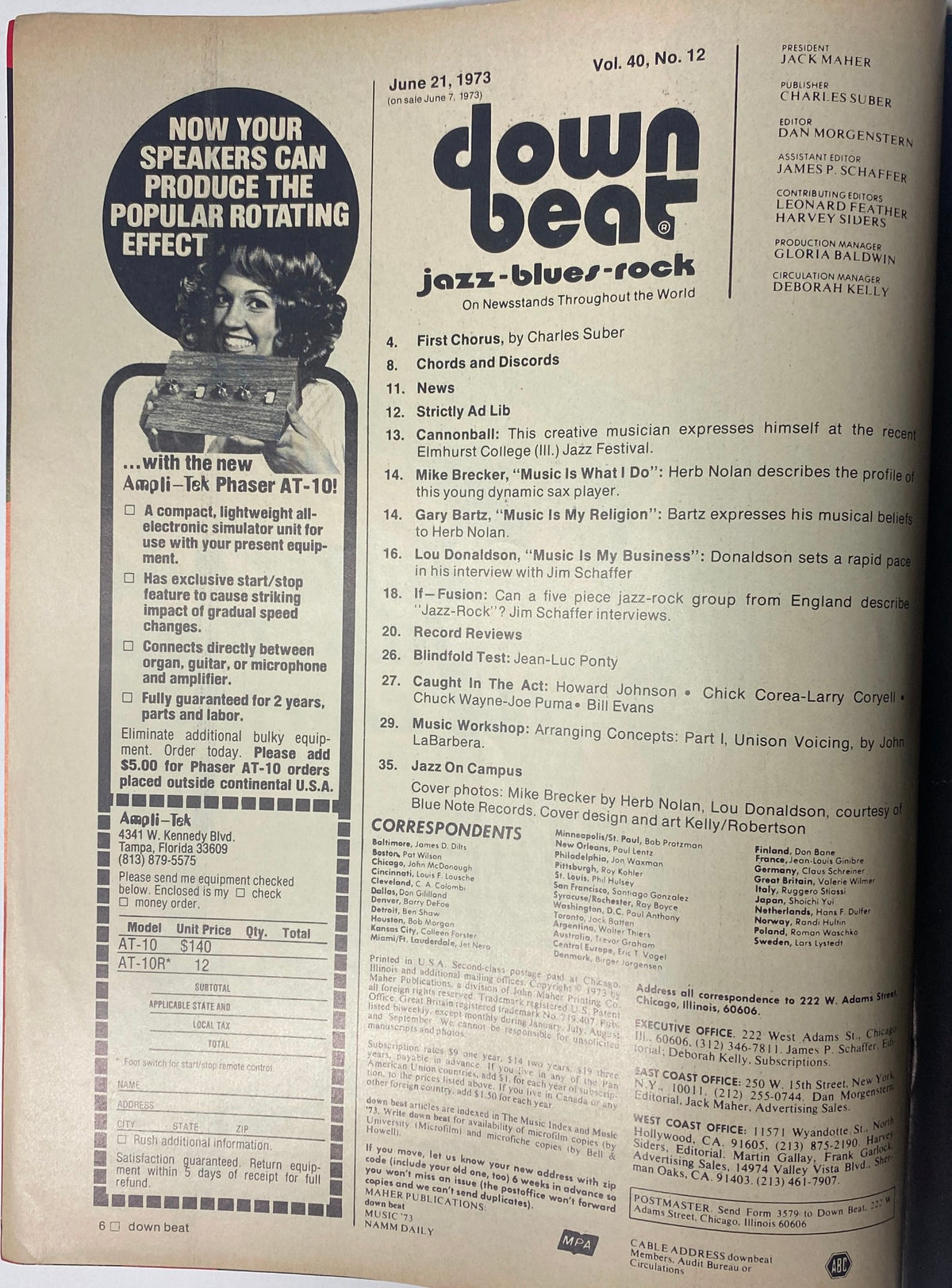 Cover of Down Beat Magazine, June 21, 1973 Vol 40 No. 12 featuring Lou Donaldson and Mike Brecker, highlighting jazz content and interviews with prominent musicians.