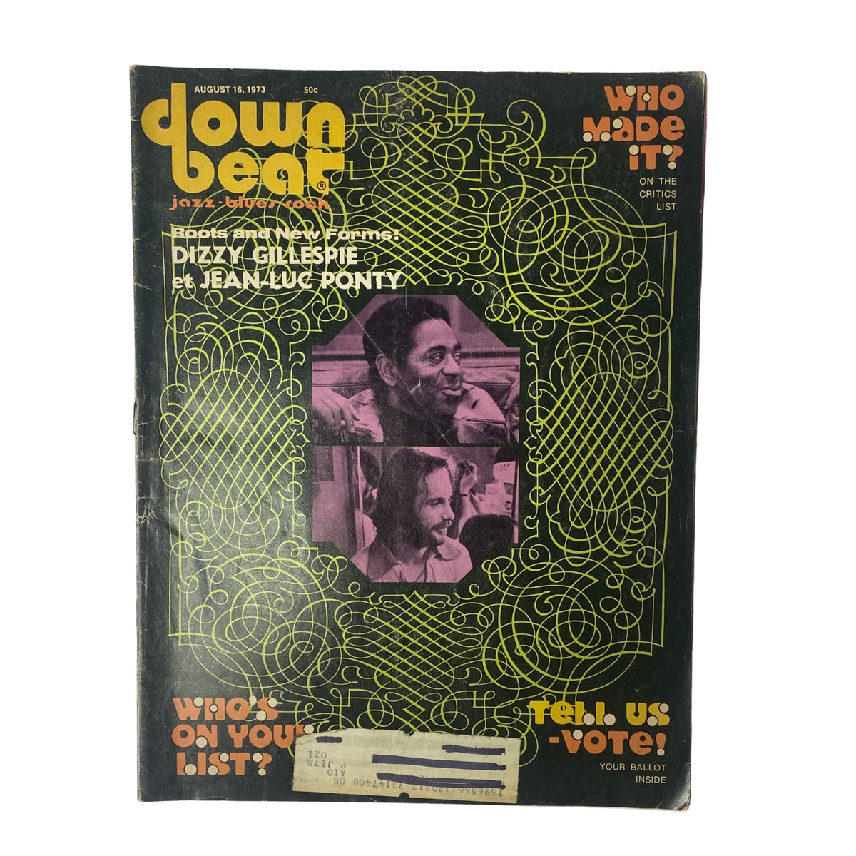 Cover of Down Beat Magazine, August 16, 1973 (Vol. 40 No. 14), featuring Dizzy Gillespie and Jean-Luc Ponty, showcasing jazz icons and industry insights.