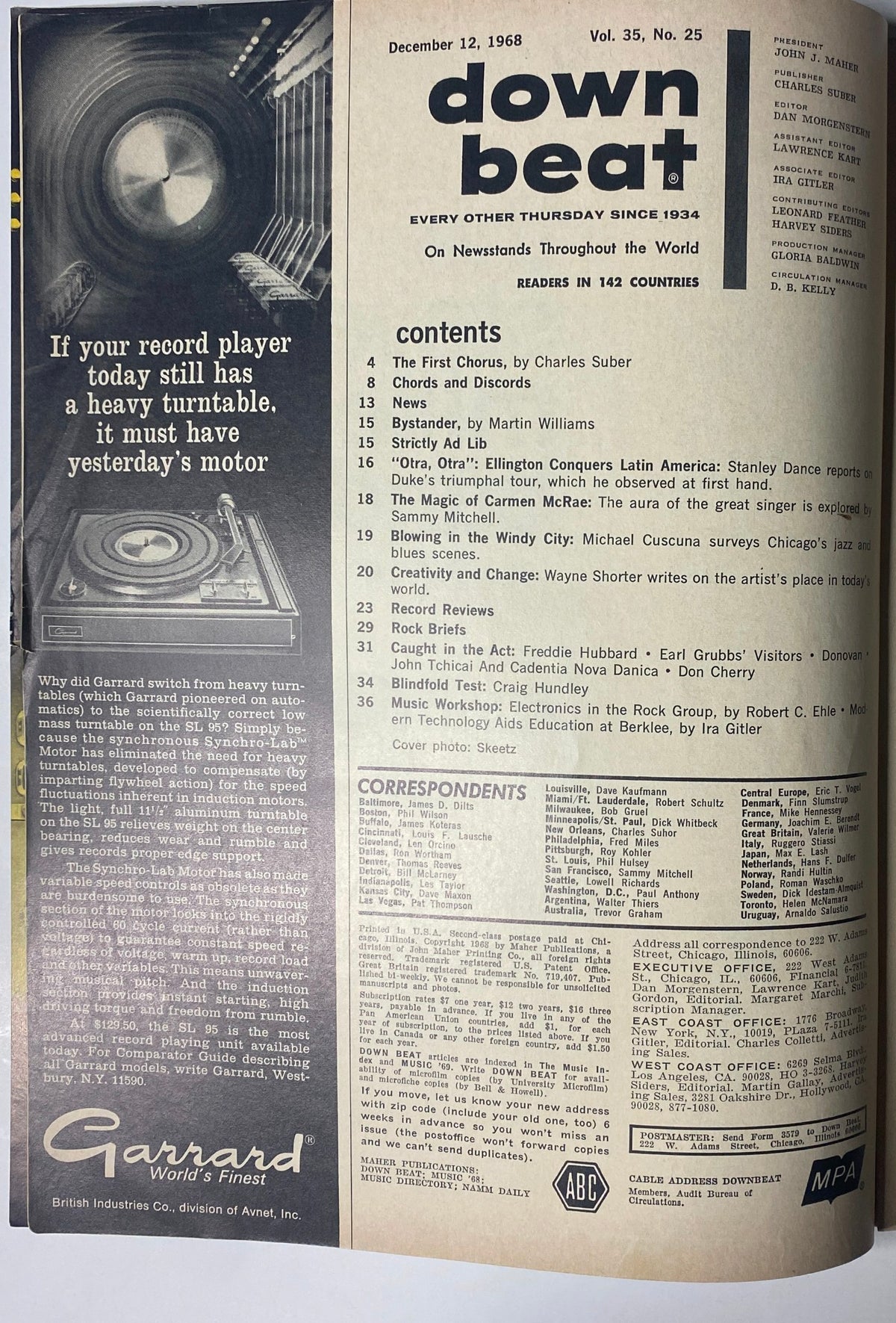 Inside pages of Down Beat Magazine December 12, 1968, detailing the contents with various articles, including features on jazz legends and music reviews.