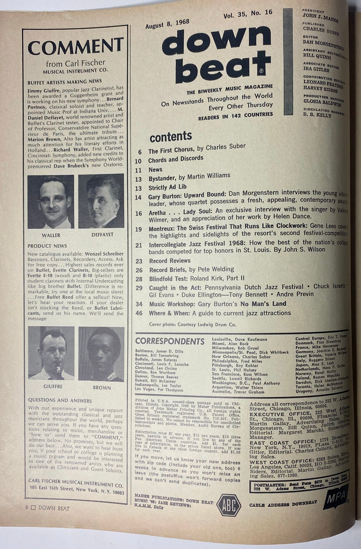 Down Beat Magazine August 8, 1968 Vol 35 No. 16 featuring Gary Burton on the cover, includes articles on jazz music such as interviews, news, and record reviews.