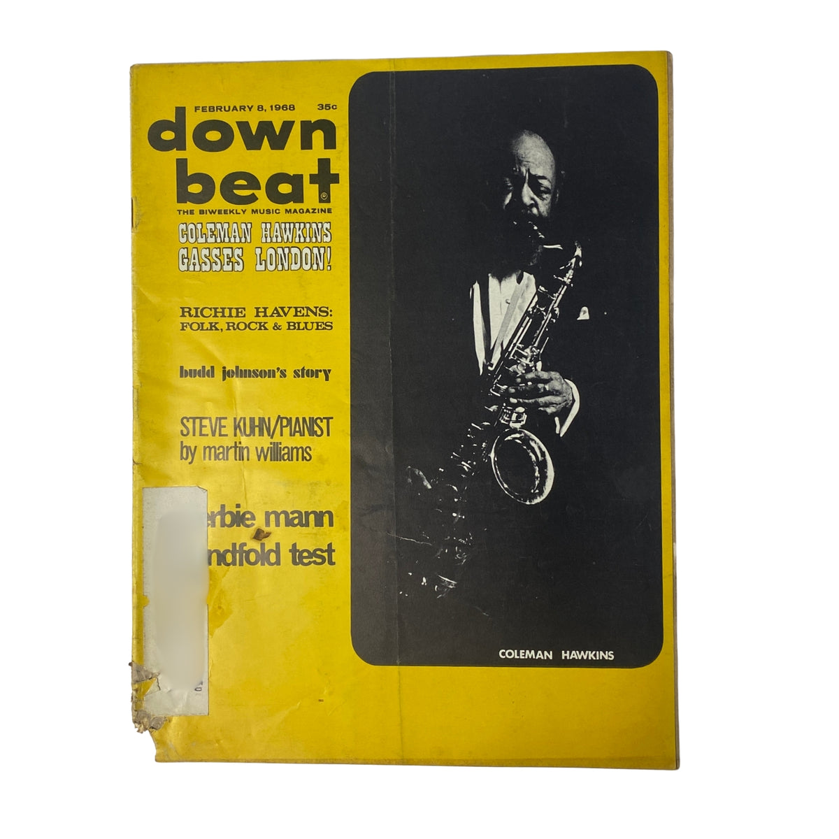 Down Beat Magazine February 1968 Vol. 35 No. 3 featuring Coleman Hawkins on the cover; a classic issue showcasing jazz legends with articles on Budd Johnson and Richie Havens, highlighted by an iconic photograph.